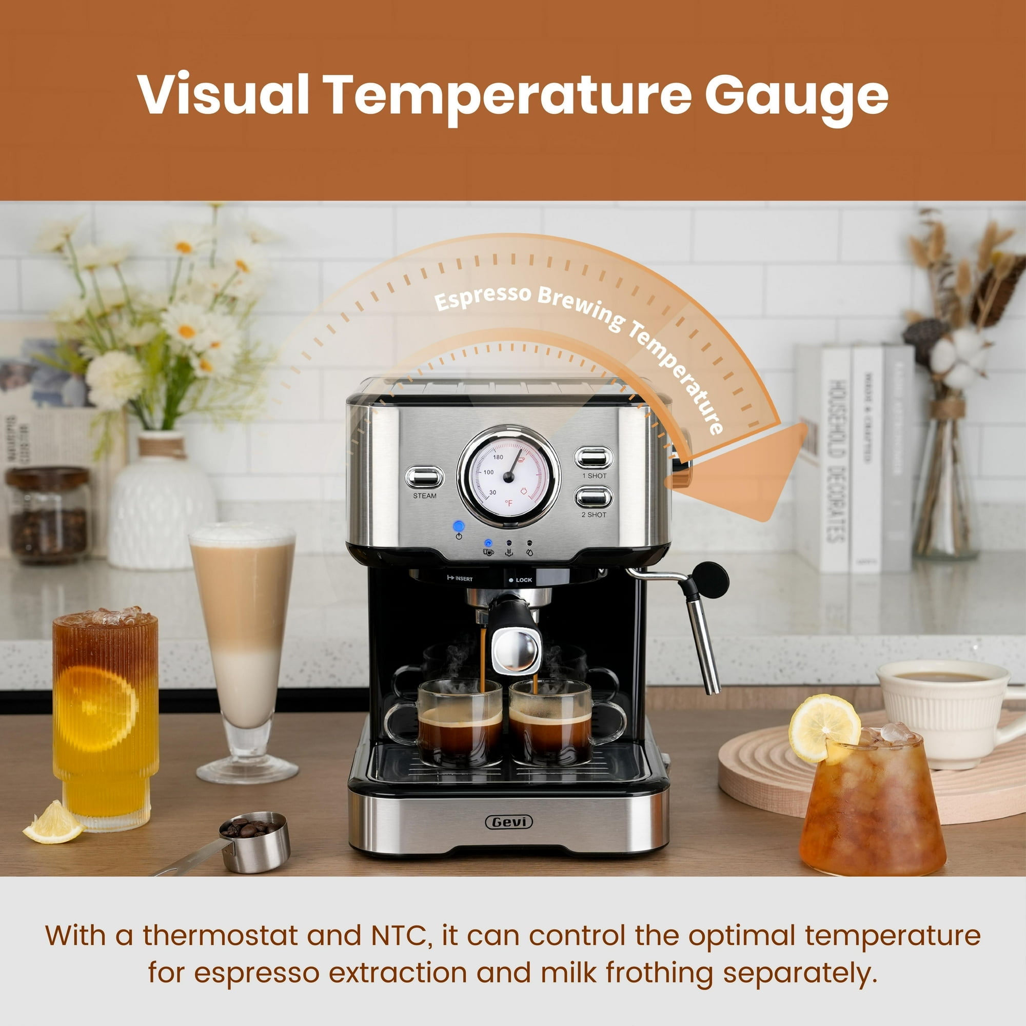 GEVI 20 Bar Stainless Steel Espresso Machine with Milk Frother Wand and Dual Temperature Control, GECME403L-U - Image 6
