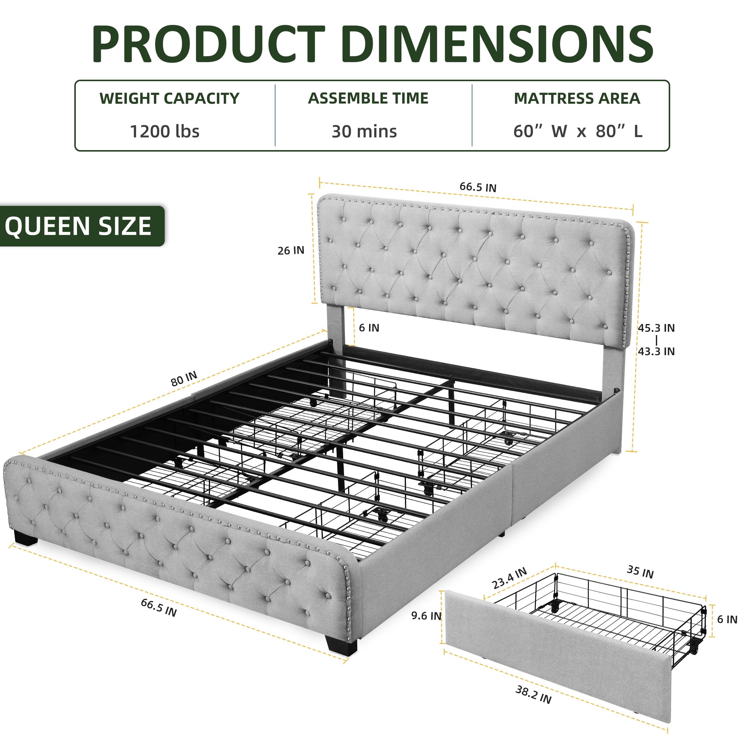 TrumanPick Queen Size 4 Drawers Bed Frame with Adjustable Upholstered Button Headboard, Adult, Grey - Image 8