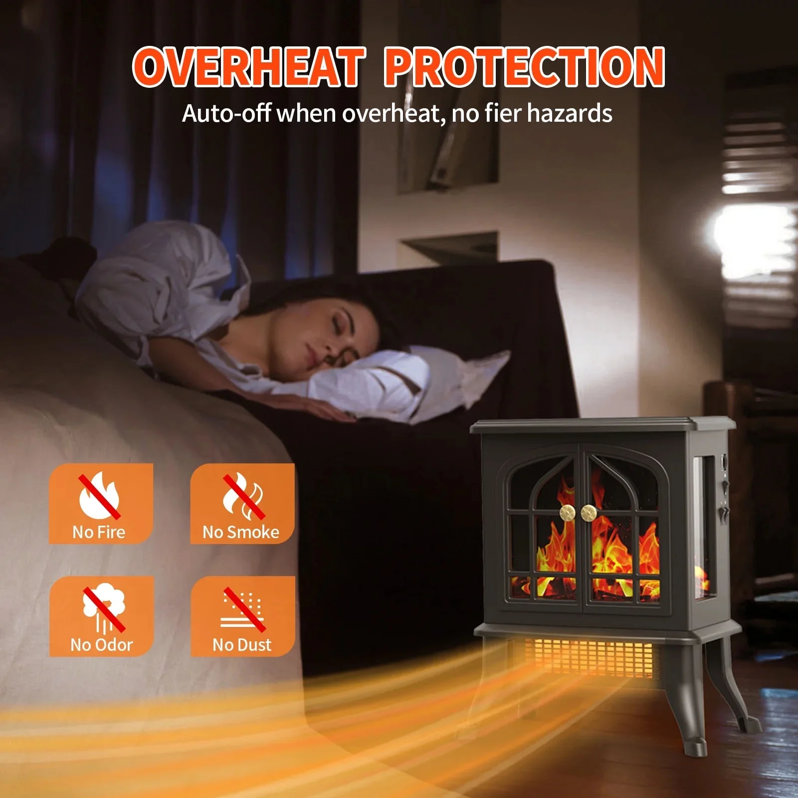 HONGGE Electric Fireplace-Indoor Freestanding Space Heater with Faux Log and Flame Effect, Black - Image 3