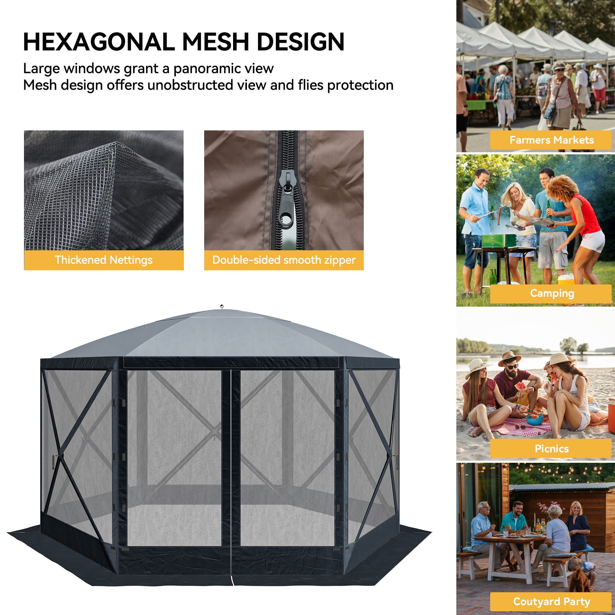 Dextrus 11.5x11.5ft Camping Gazebo, Portable Pop Up Canopy Outdoor Screen Tent 6 Sided with Mesh Windows and Carry Bag for Camping, Picnic, Backyard Party Outside Activities, Gray - Image 3
