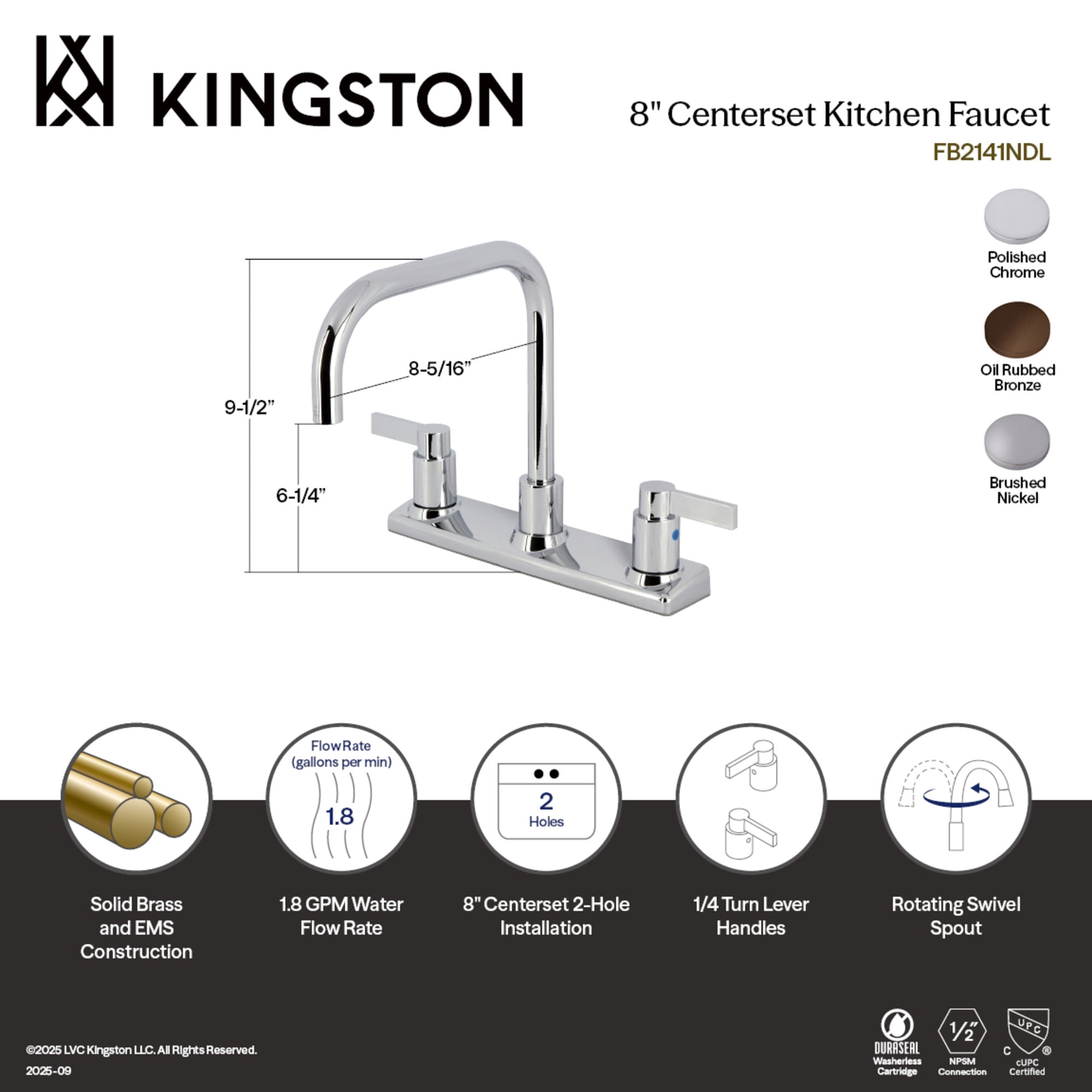 Kingston FB2148NDL NuvoFusion Two-Handle 2-Hole 8" Centerset Kitchen Faucet in Brushed Nickel - Image 4
