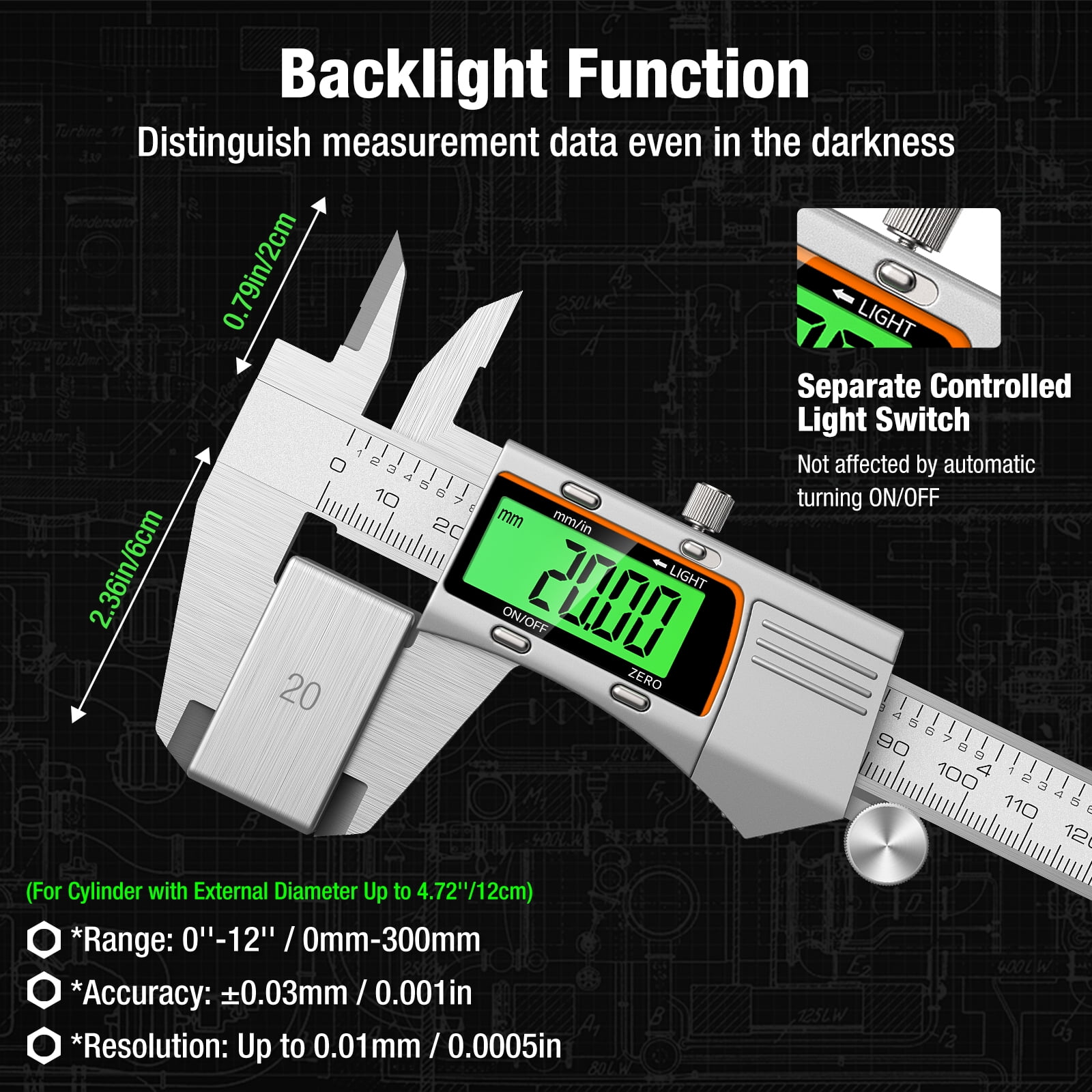 Raynesys Digital Caliper,12 inch 300mm Micrometer Caliper Measuring Tool Stainless Steel Electronic Diameter Digital Caliper Tool with Large LCD Screen - Image 2