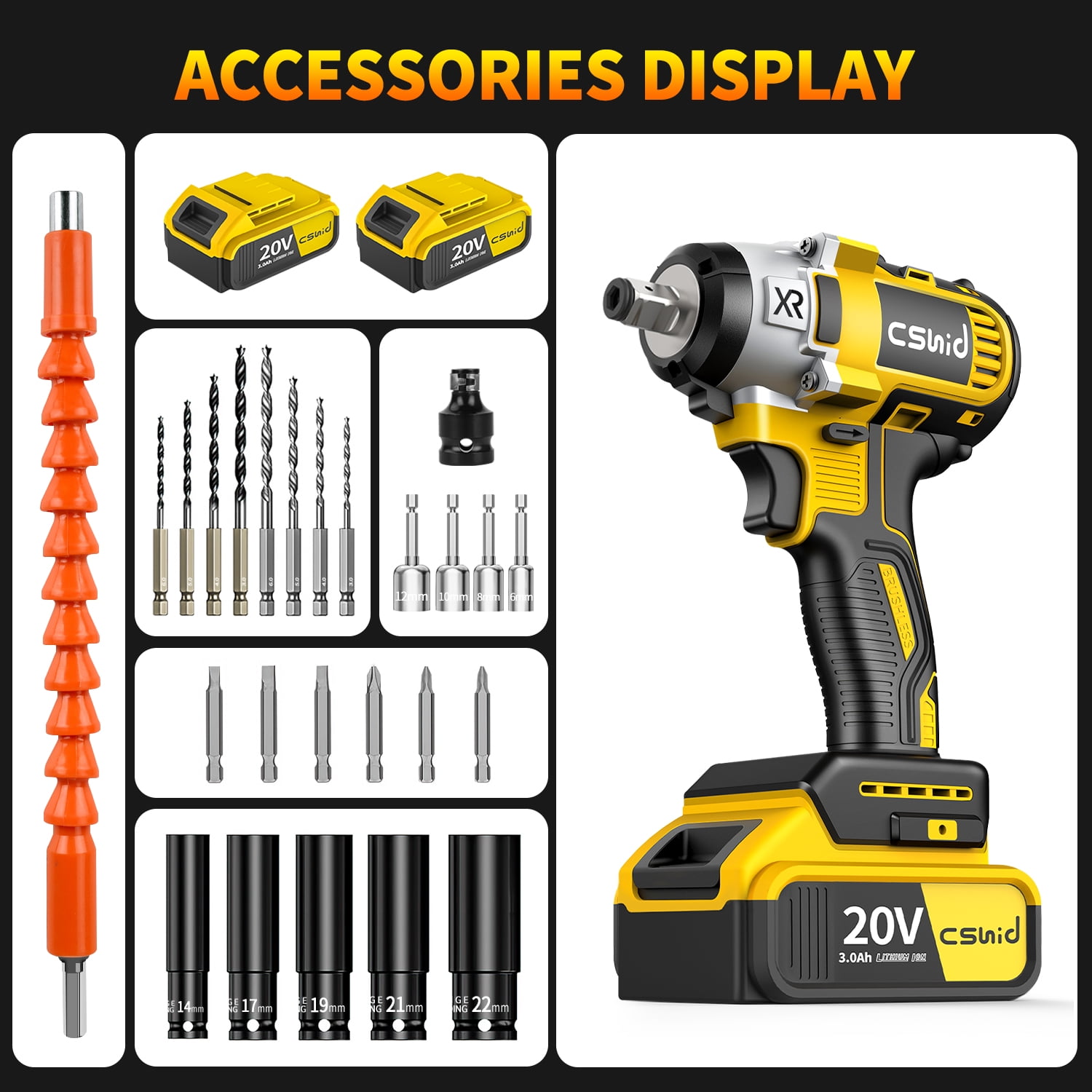 Cshidworld Cordless Impact Wrench 1/2", 20V Powerful Brushless Motor w/ 2-Mode Speed, Power Impact Wrench W/ 5 Sockets,8 Drill,6 Screws, Max Torque 280 ft-lbs (380N.m), Includes 2 x 3.0A Batteries - Image 2