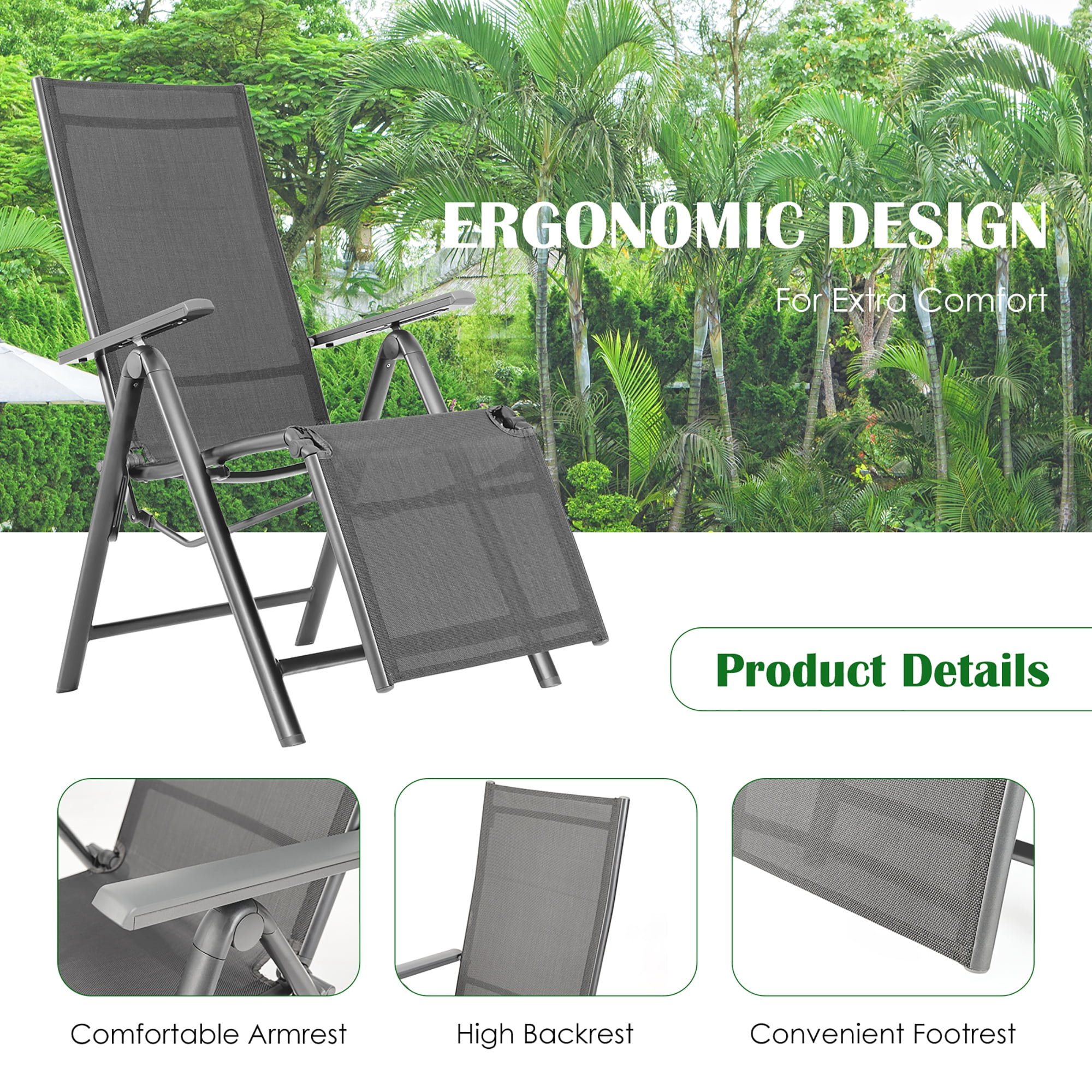 Costway Outdoor Foldable Reclining Chair Aluminum Frame 7-Position Adjustable - Image 8