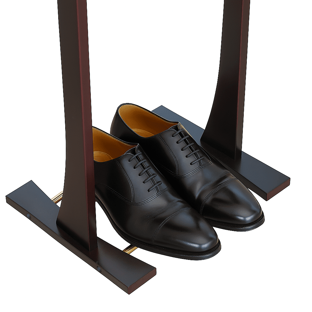 Proman Products Ashton Valet Suit Stand with Top Tray, Contour Hanger, Trouser Bar and Shoe Rack, Dark Mahogany - Image 4