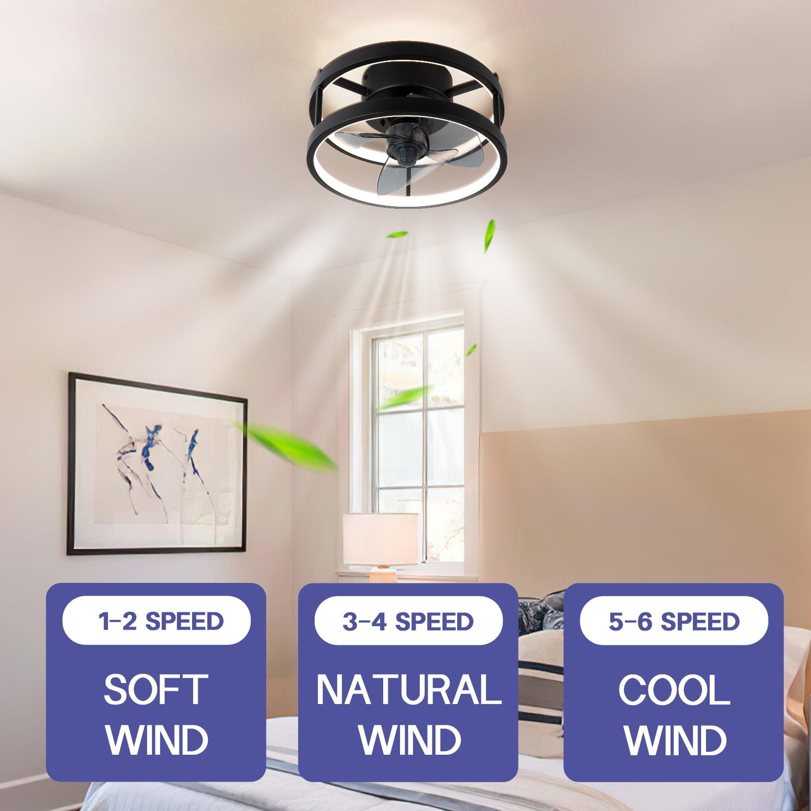 SURNIE 12.2in Metal Black LED Flush Mount Ceiling Fan with Remote Control - Image 4