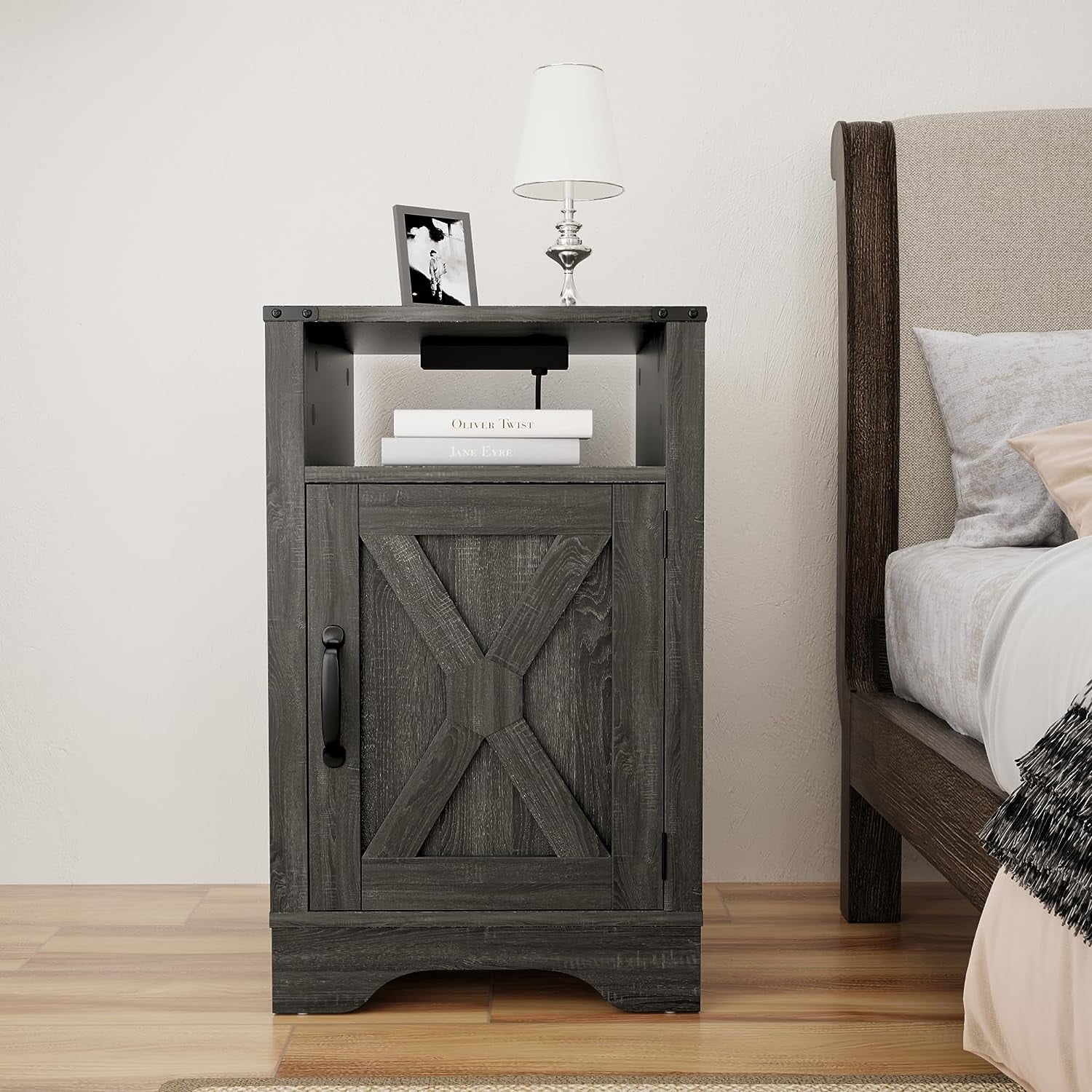 Mayincolor Farmhouse Nightstand with Charging Station, Tall Bedside Table with X-Shaped Design, Wooden Rustic End Table with Large Storage Room and Shelf for Bedroom, Living Room, Rustic Dark Grey - Image 7