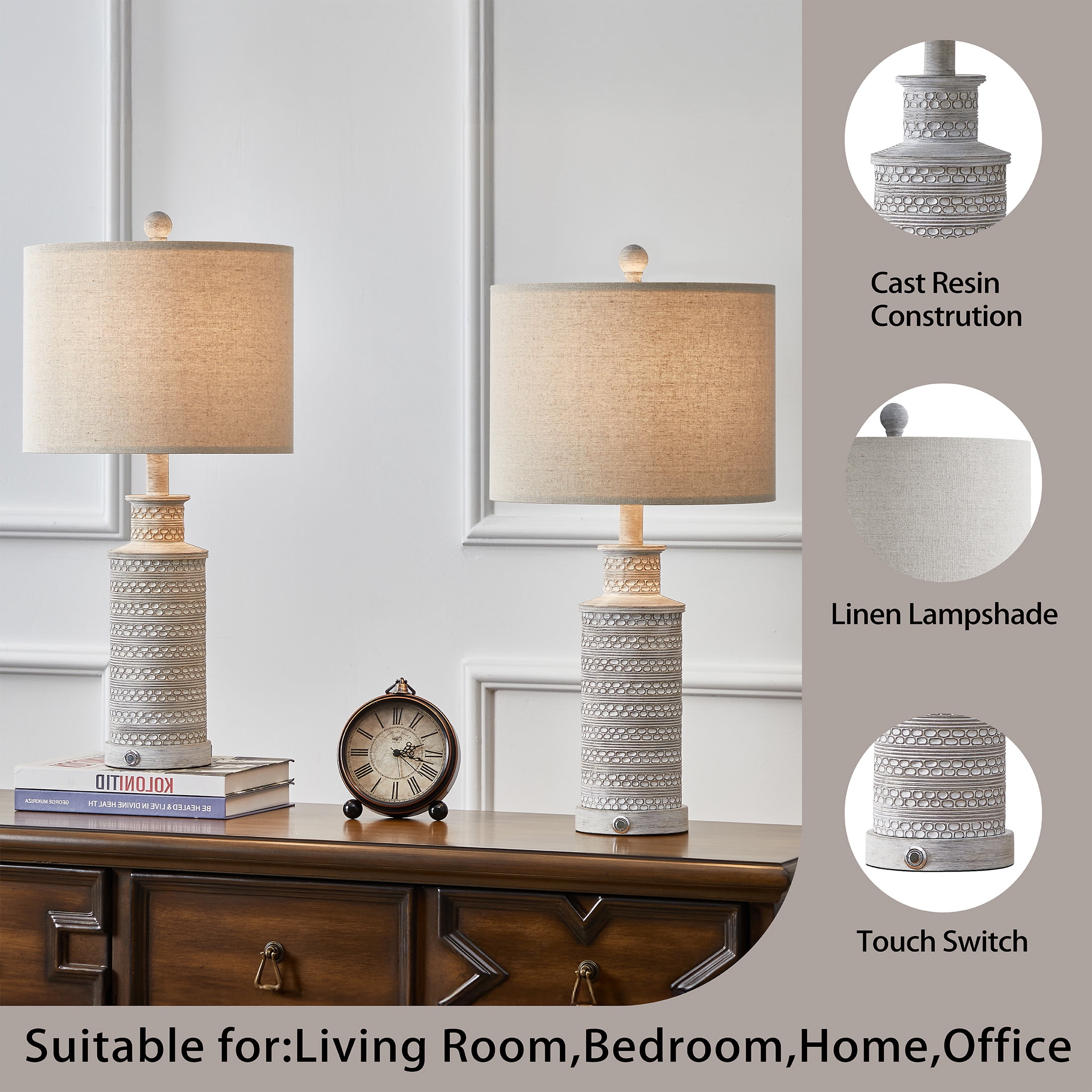 Oneach 3 Way Dimmable Table Lamp Set of 2 with USB Ports for Bedroom Living Room 24.5" Vintage Rustic Farmhouse Touch Control Nightstand Bedside Lamps Resin (Bulbs) - Image 5