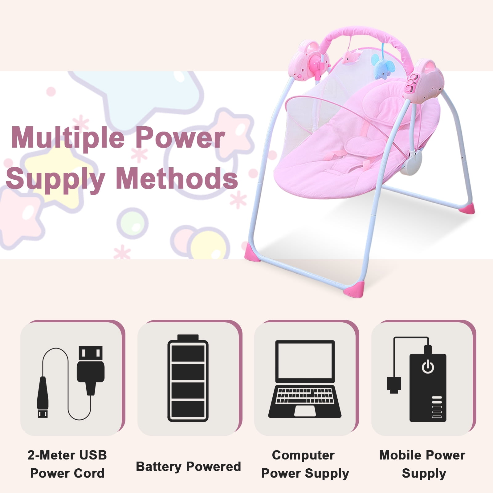 ANJORALA Baby Swings for Infants Toddler, Portable Newborn Swing Bouncer, Bluetooth(Pink) - Image 10