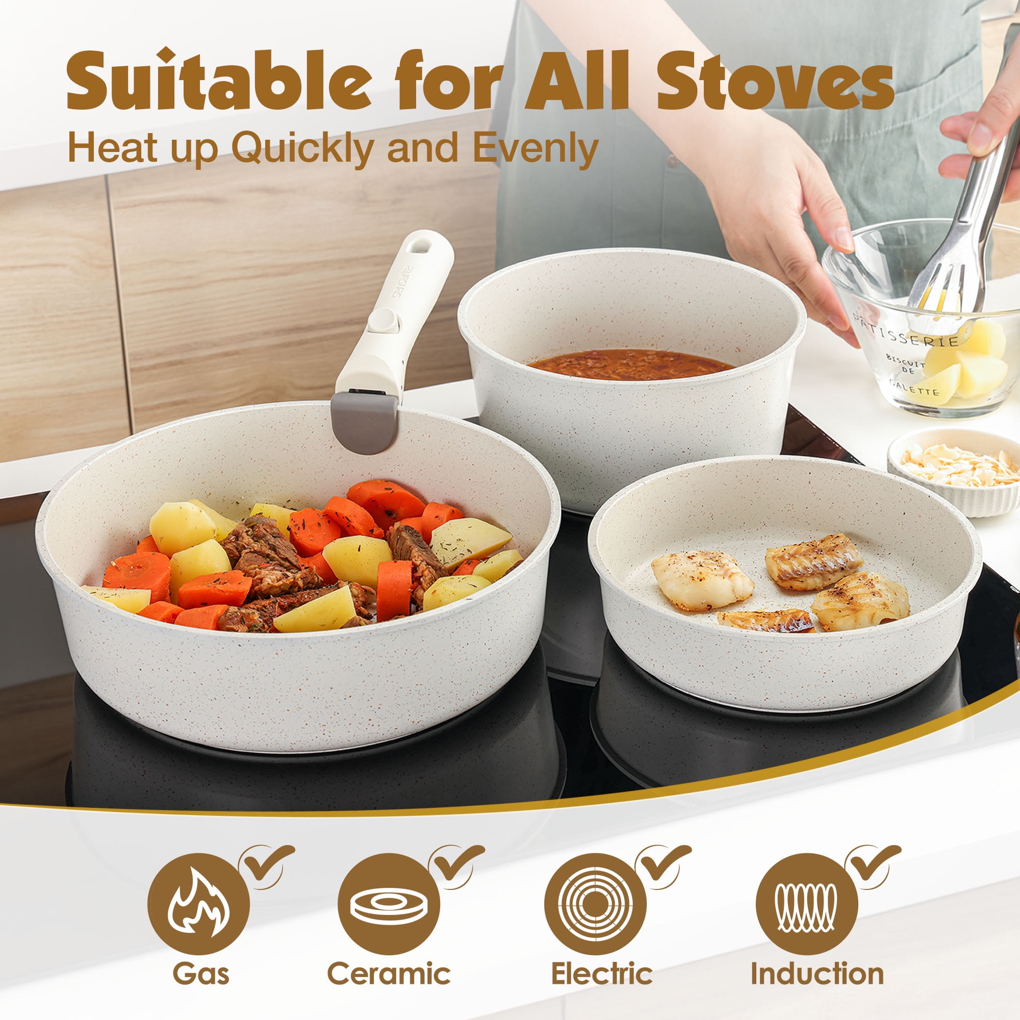 SENSARTE Nonstick Pots and Pans Set with Detachable Handle, 8Pcs Cookware Sets, Space Saving Induction Kitchen Cookware Sets, Dishwasher/Oven Safe(White) - Image 8