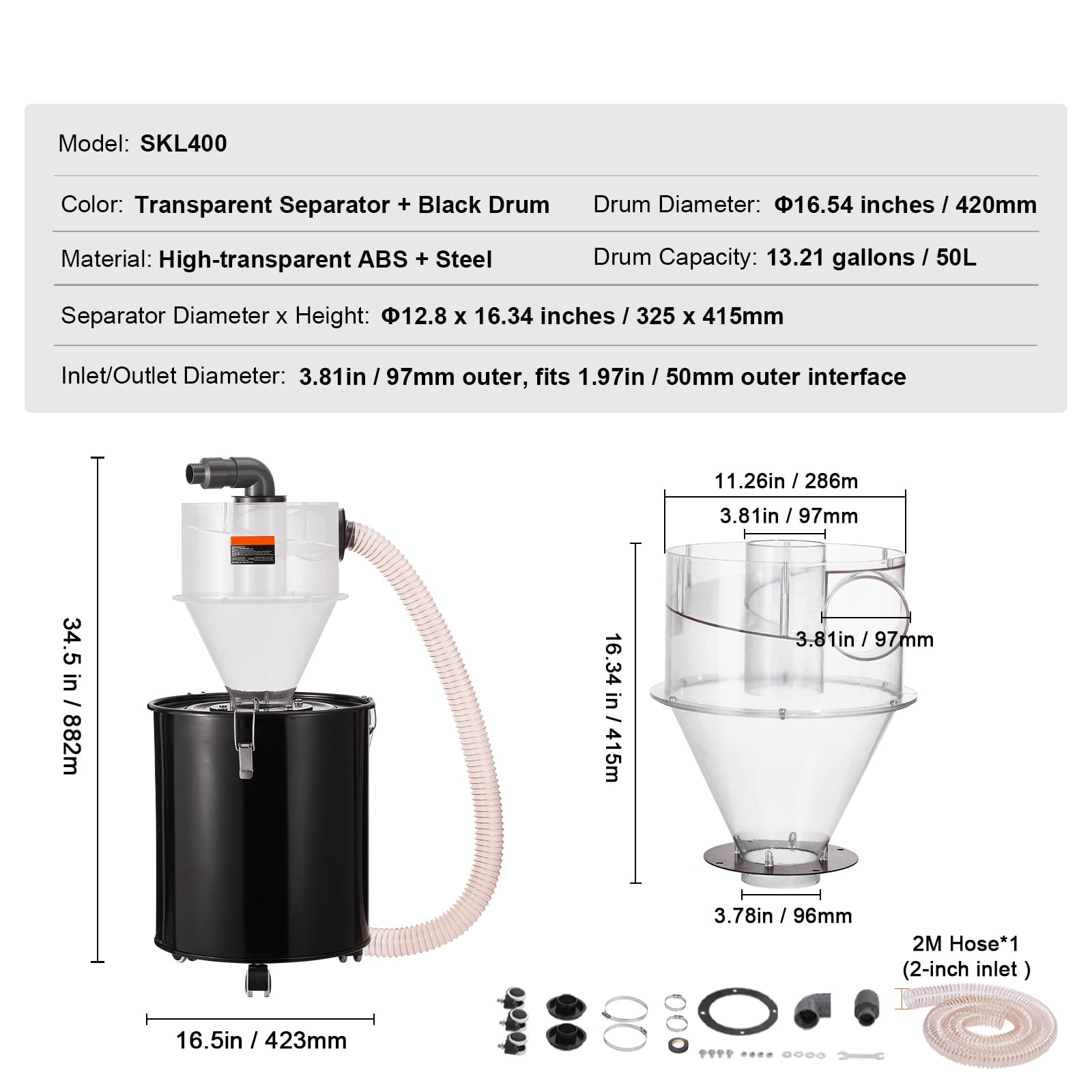 KFFKFF Dust Cyclone Kit with Steel Container, 4" Upgrade for Dust Collection Systems, ABS Dust Deputy, 2" Outer Diameter Connector & Hose for Wet/Dry Vacuums, Compatible with 13.21 Gallon Tanks - Image 5