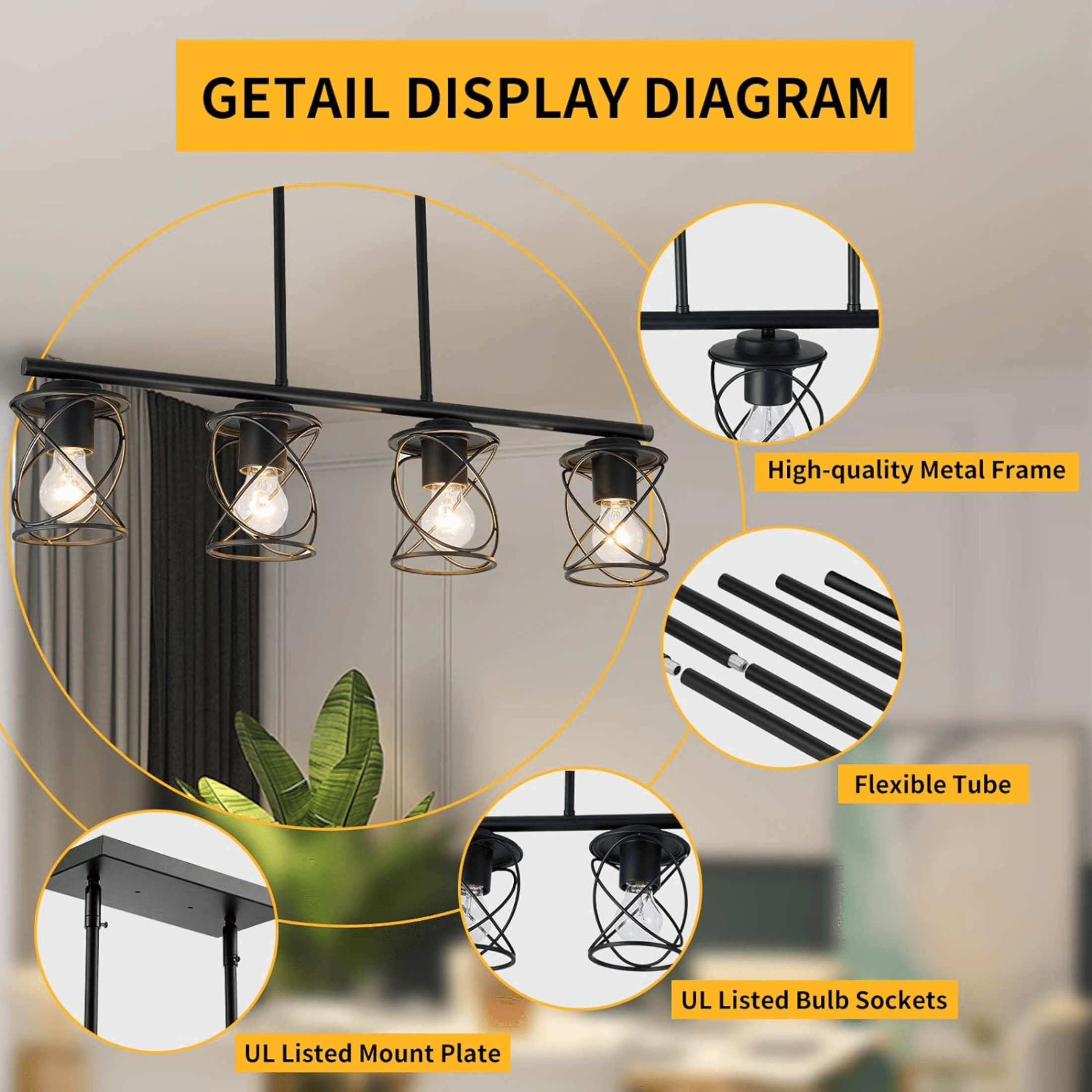 4-Light Kitchen Island Light, Dining Room Lighting Fixtures Hanging for Kitchen Island Table Living Room, Black Metal - Image 4