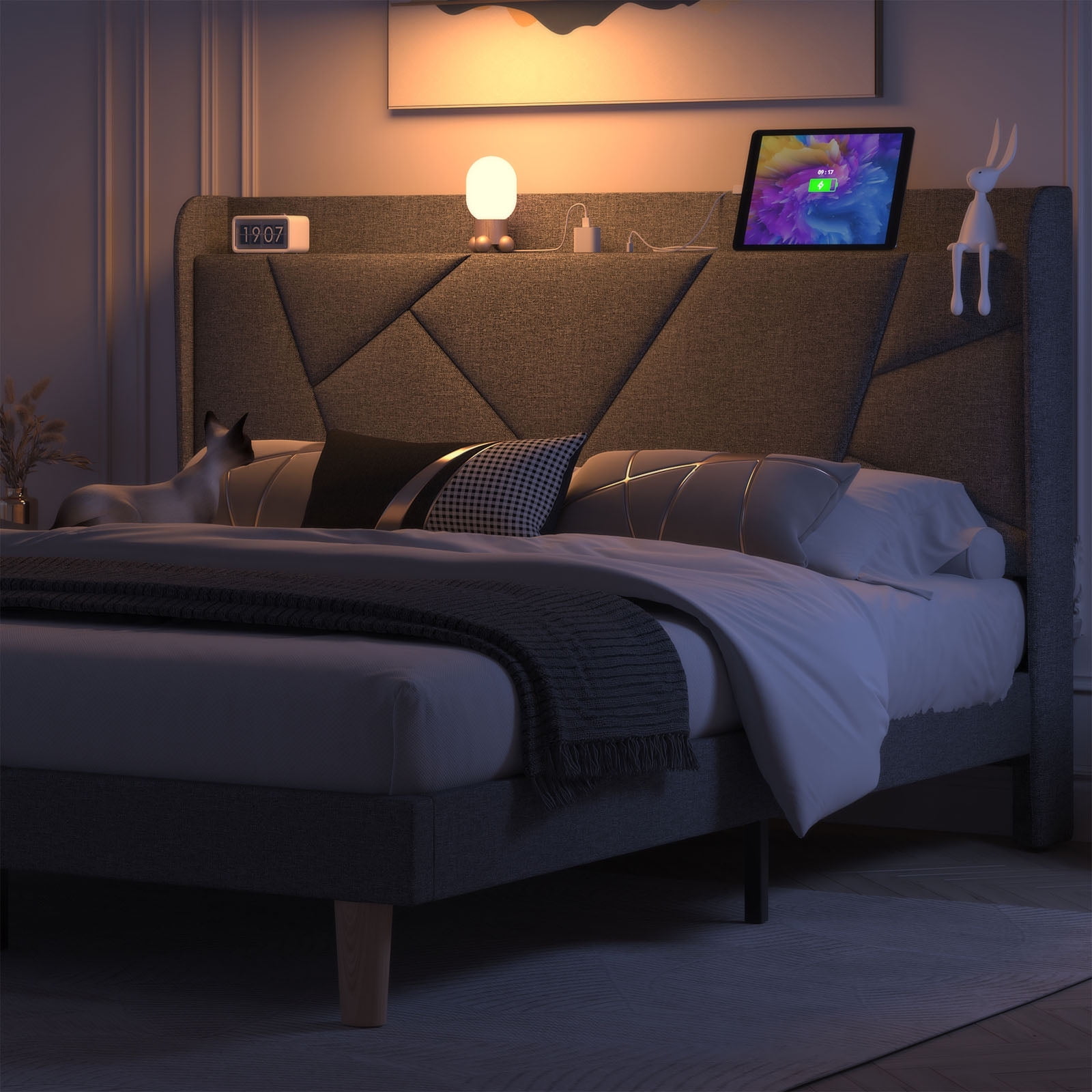 NISIEN Queen Bed Frame with Charging Station, Upholstered Platform Bed with Wingback Storage Headboard, Dark Gray - Image 2