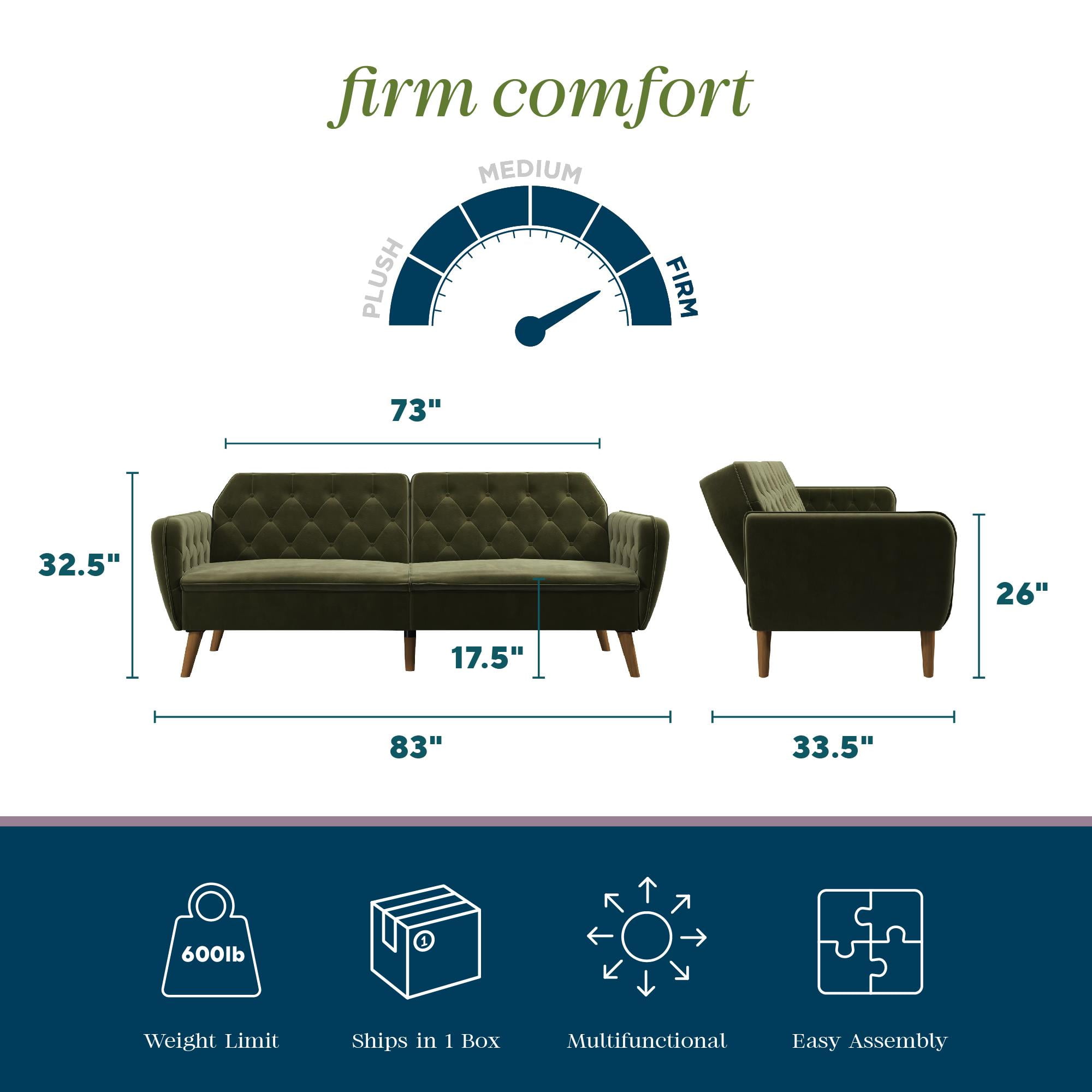 Novogratz Tallulah 83" Memory Foam Futon Sofa Bed, Green Velvet - Image 7