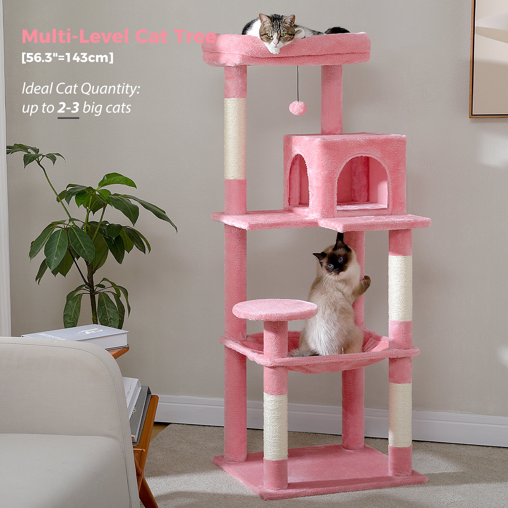 PAWZ Road Cat Tree 56" Sisal Scratching Posts Tower with Large Perch Hammock for All Indoor Cats,Pink - Image 2