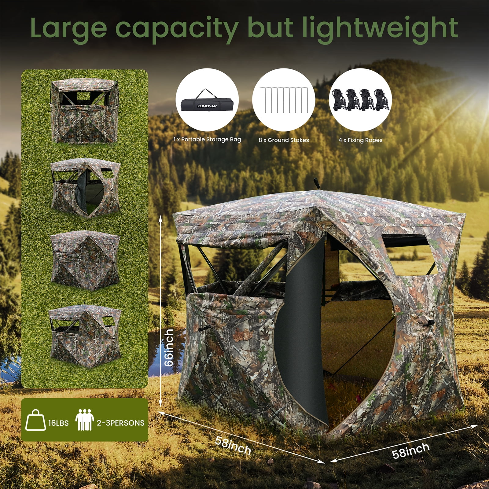 SUNOYAR Hunting Blind, 270° See Through Ground Blind, 2-3 Person 200D Pop up Hunting Tent, Portable Deer Blind with Carrying Bag&Silent Window for Deer and Turkey Hunting, Camouflage - Image 6