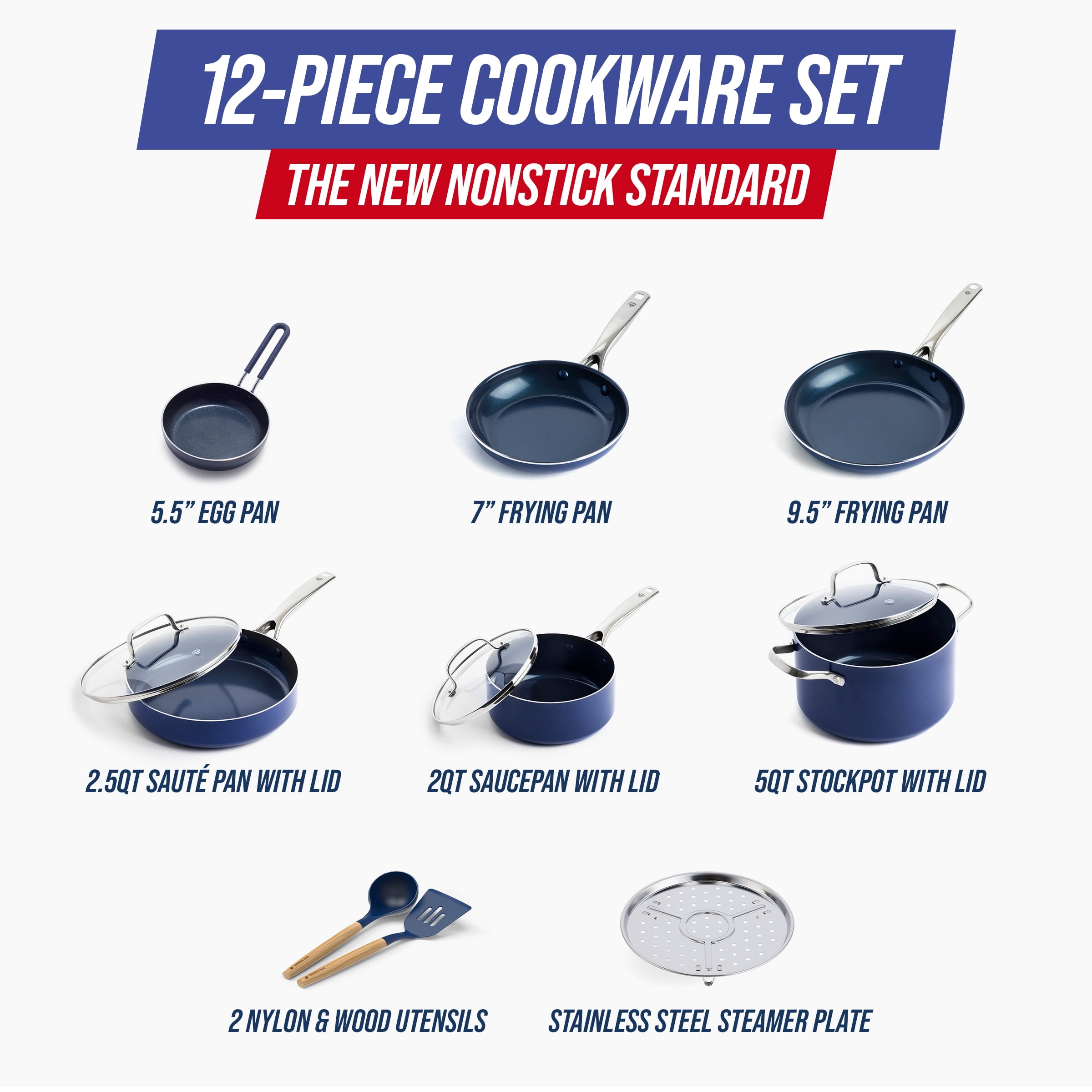 Blue Diamond 12-Piece Ceramic Nonstick Cookware Set – Toxin-Free, Dishwasher Safe, Oven Safe, Nonstick - Image 2