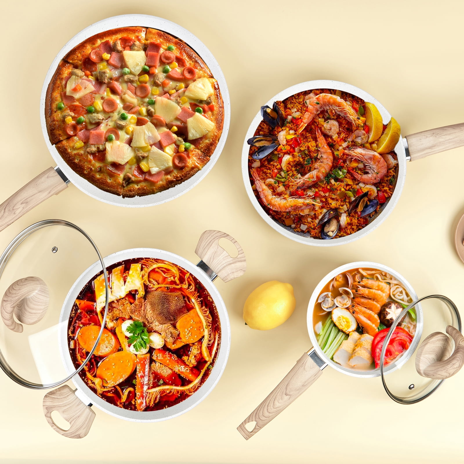 Vkoocy 6pcs Nonstick Ceramic Cookware Set, Non Stick Pots and Pans Set White Granite pattern - Image 9