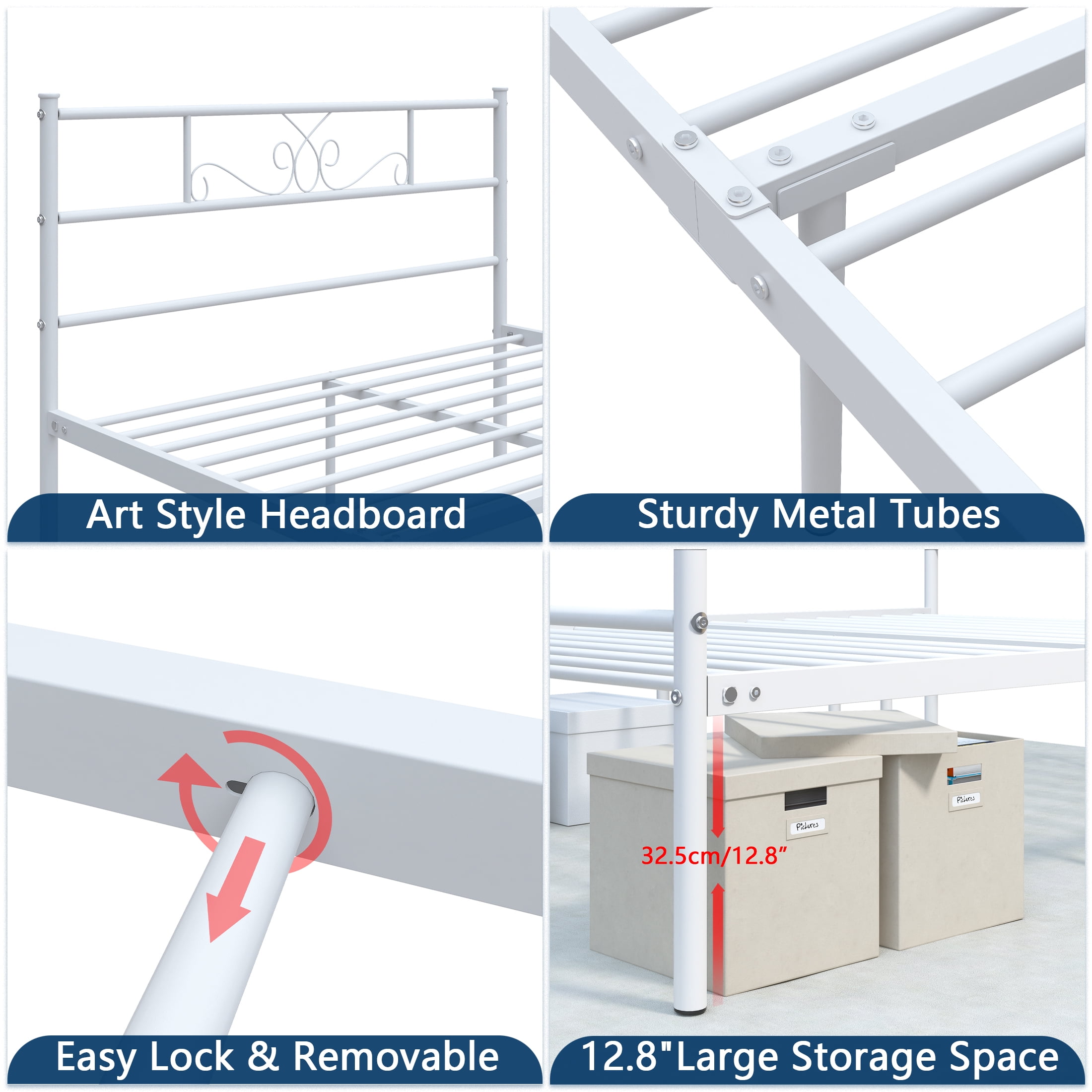 Yoneston Easy Set-up Kids Metal Bed Frame Platform Mattress Foundation with Headboard for Girls, Twin, White - Image 3