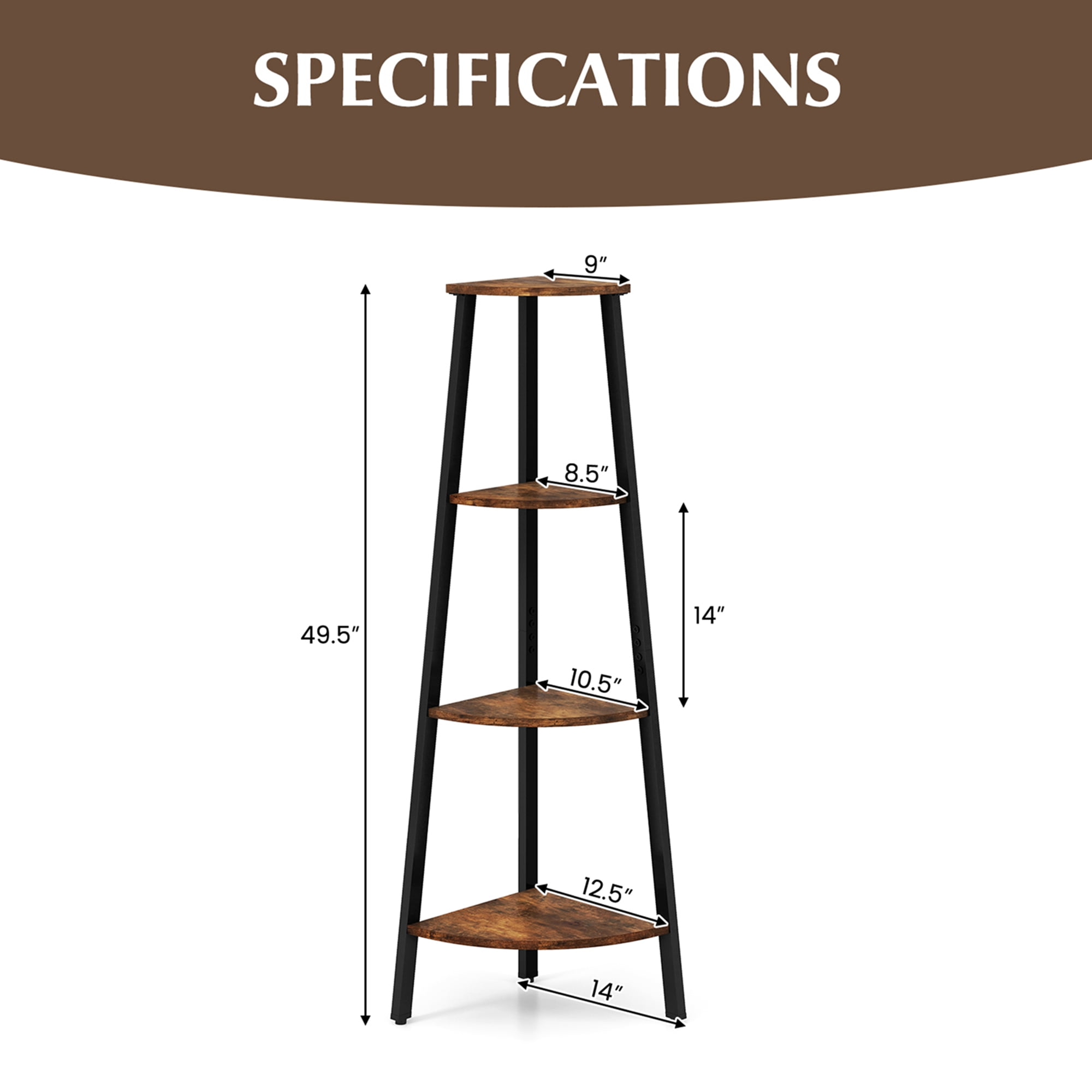 Costway 4-Tier Corner Shelf Metal Storage Rack Domestic Bookcase Display Stand WoodBlack - Image 4