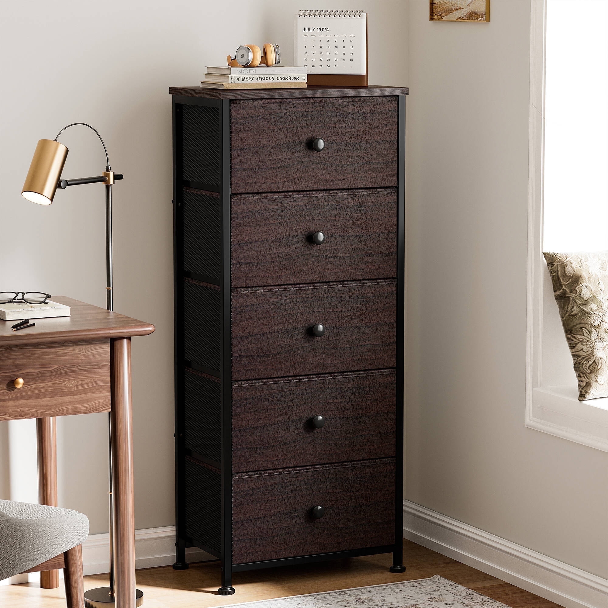 GUNAITO 5 Drawer Dresser for Bedroom Tall Narrow Chest of Drawers Fabric Storage Dresser for Adults,Brown - Image 4