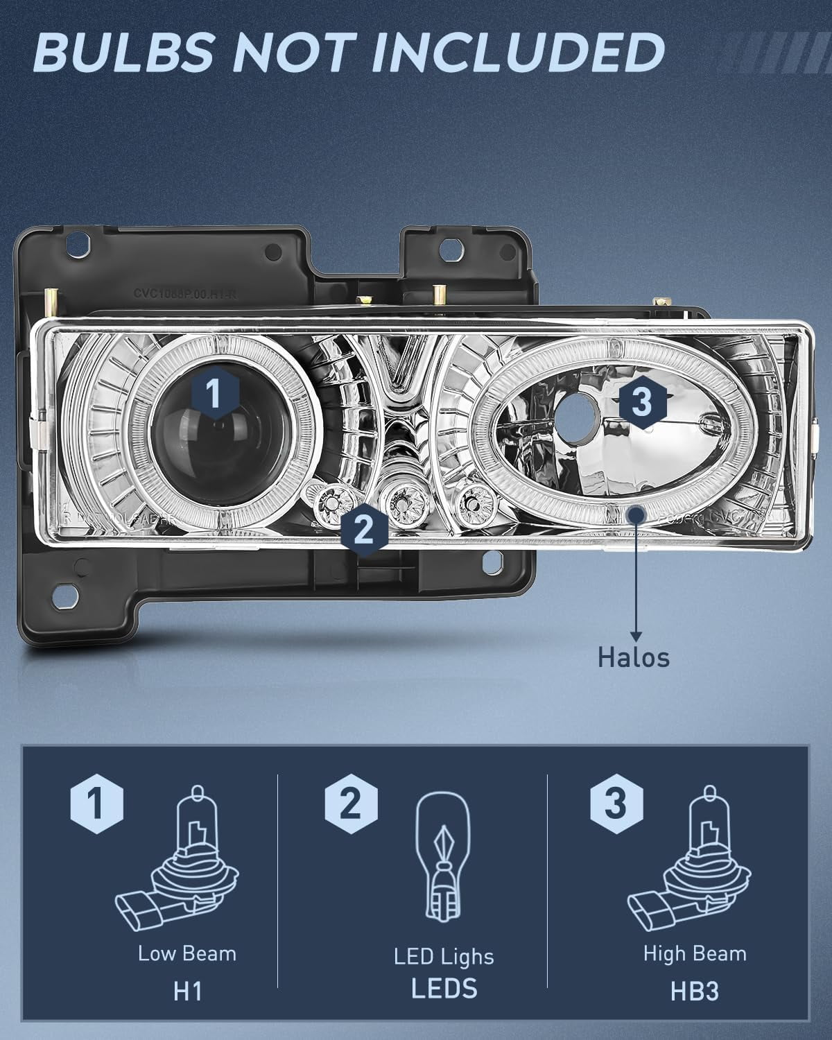 Nilight Headlight Assembly Compatible with 1988-1998 Chevy/GMC C10 C/K 1994-1999 Tahoe 1992-1994 Blazer 1992-1999 Yukon Suburban Chrome Housing Clear Lens Projector Halo Headlights - Image 2