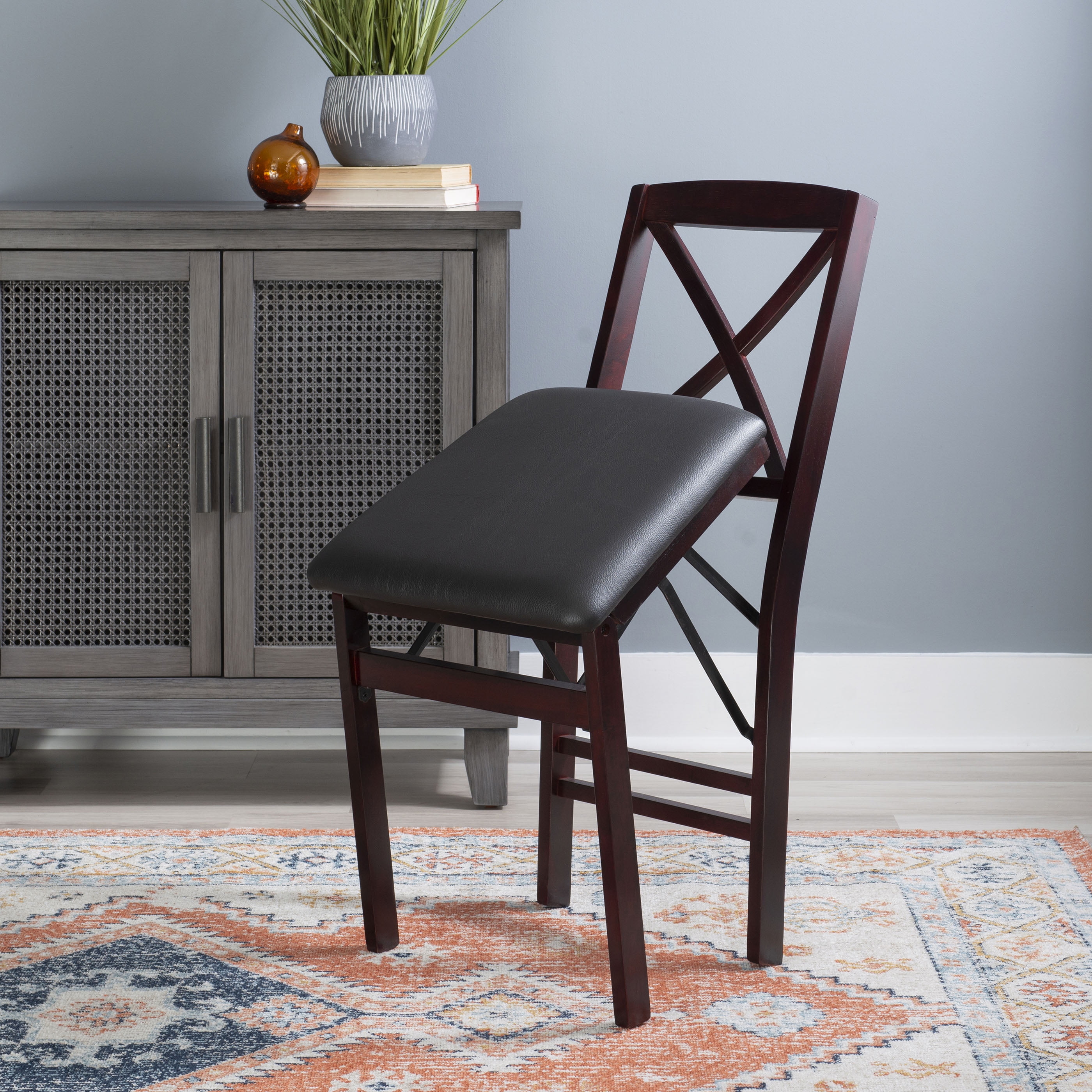 Linon Farrow Indoor Faux Leather Folding Chair with Cross-Back, Set of 2, Merlot/Dark Brown - Image 8