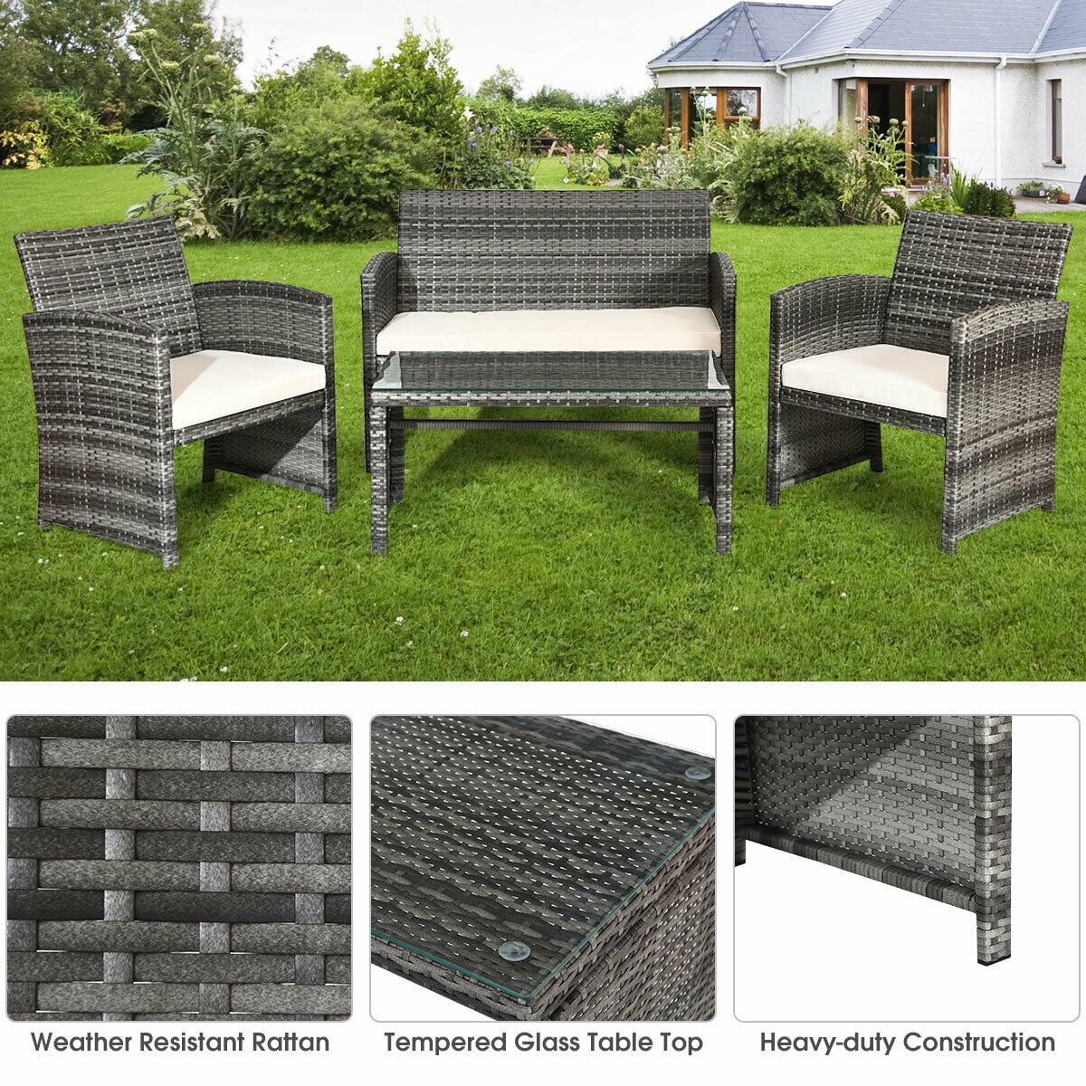 Costway 4PCS Rattan Patio Furniture Set Garden Sofa Cushioned Seat Mix Gray Wicker - Image 12