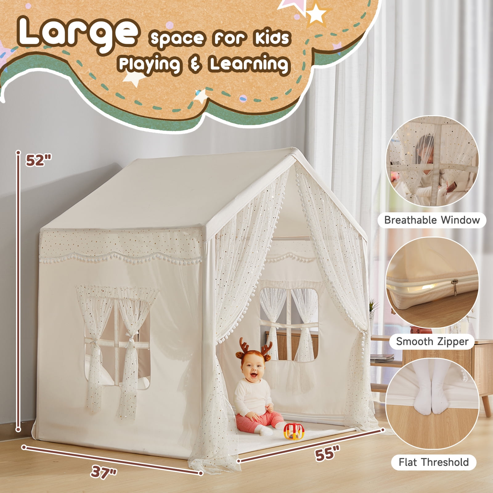 LOAOL Large Kids Tent with LED Lights, Toddler Playhouse Tent Indoor and Outdoor, White Cotton Canvas - Image 3