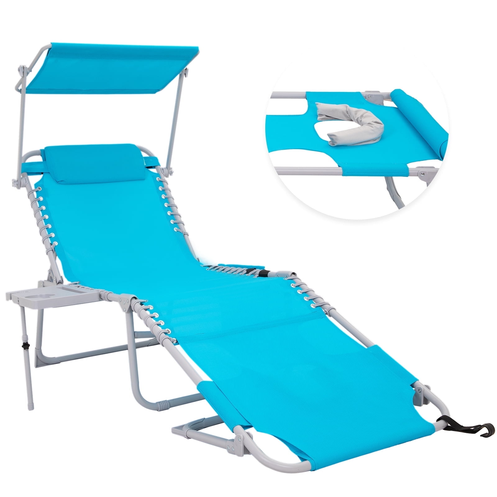 #WEJOY Portable Beach Chaise, Lounge Chair, 5-Position Adjustable Reclining Chaise, Folding Chaise with Face Hole, Sunshade, 3-in-1 Pocket and Side Table, Weight up to 264 lbs - Image 9