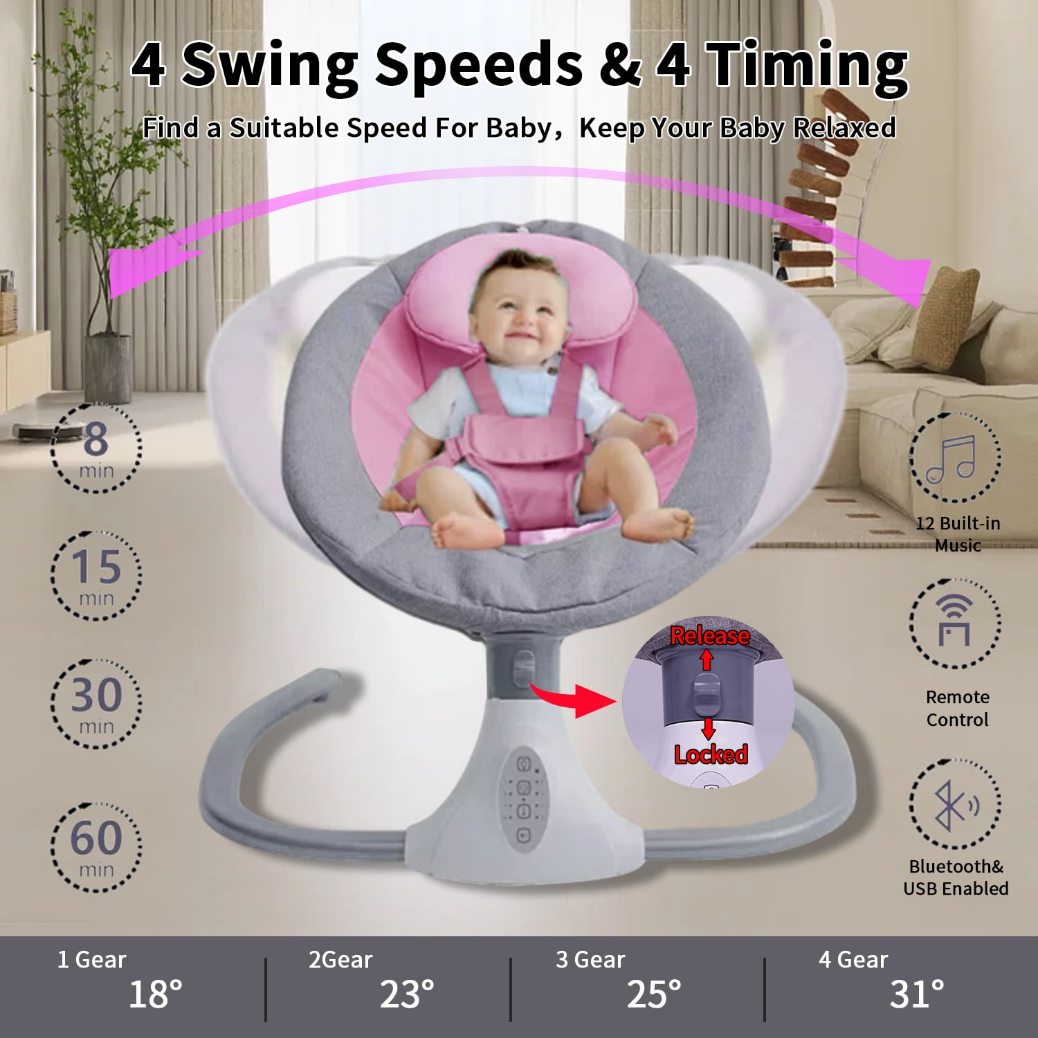 FACNOATIHN Electric Baby Swing, Infant Bouncer Chair Rocker with 12 Lullabies, Bluetooth Music, Adjustable Speeds, 4 Timing Set, Unisex, Pink - Image 2