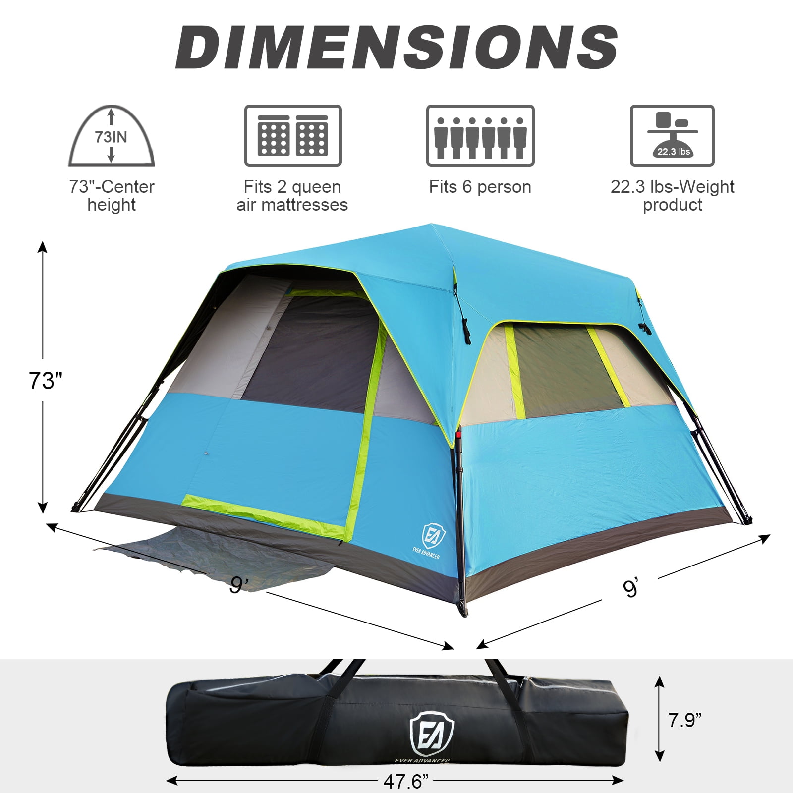 6 Person Camping Tent, Instant Family Tents with Rainfly for Outdoor, 60s Quick Setup, Water-Resistant, Blue - Image 6