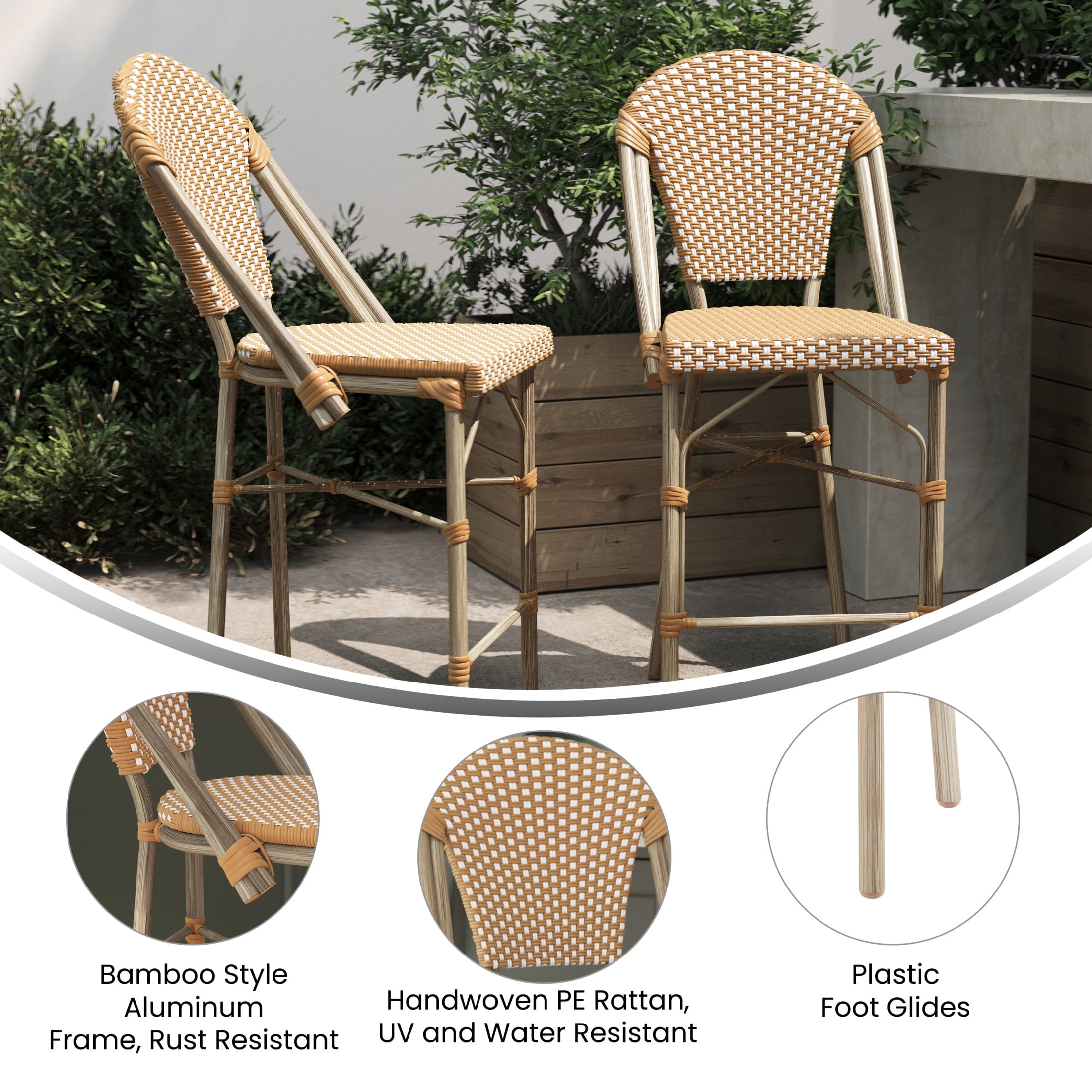 Flash Furniture Lourdes Set of 2 Stackable Indoor/Outdoor Bistro 26" High Counter Height Stools, Commercial Grade, Natural/White and Light Natural Finish - Image 2