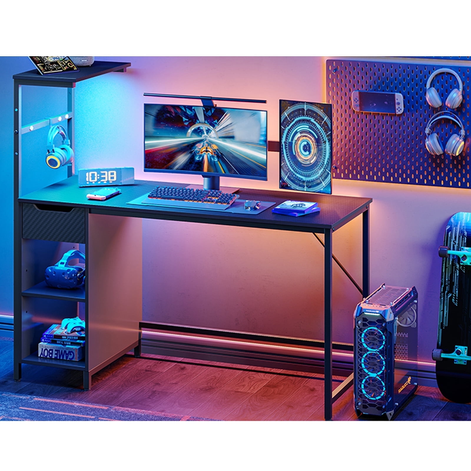 Bestier 48-Inch LED Gaming Desk with Adjustable Shelf and Storage Drawer, Black - Image 6