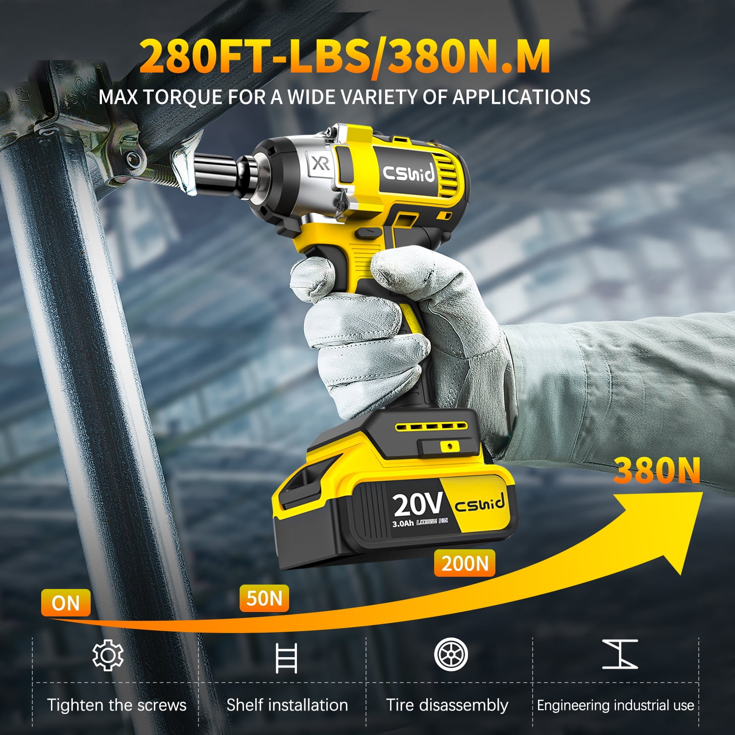 Cshidworld Cordless Impact Wrench 1/2", 20V Powerful Brushless Motor w/ 2-Mode Speed, Power Impact Wrench W/ 5 Sockets,8 Drill,6 Screws, Max Torque 280 ft-lbs (380N.m), Includes 2 x 3.0A Batteries - Image 4