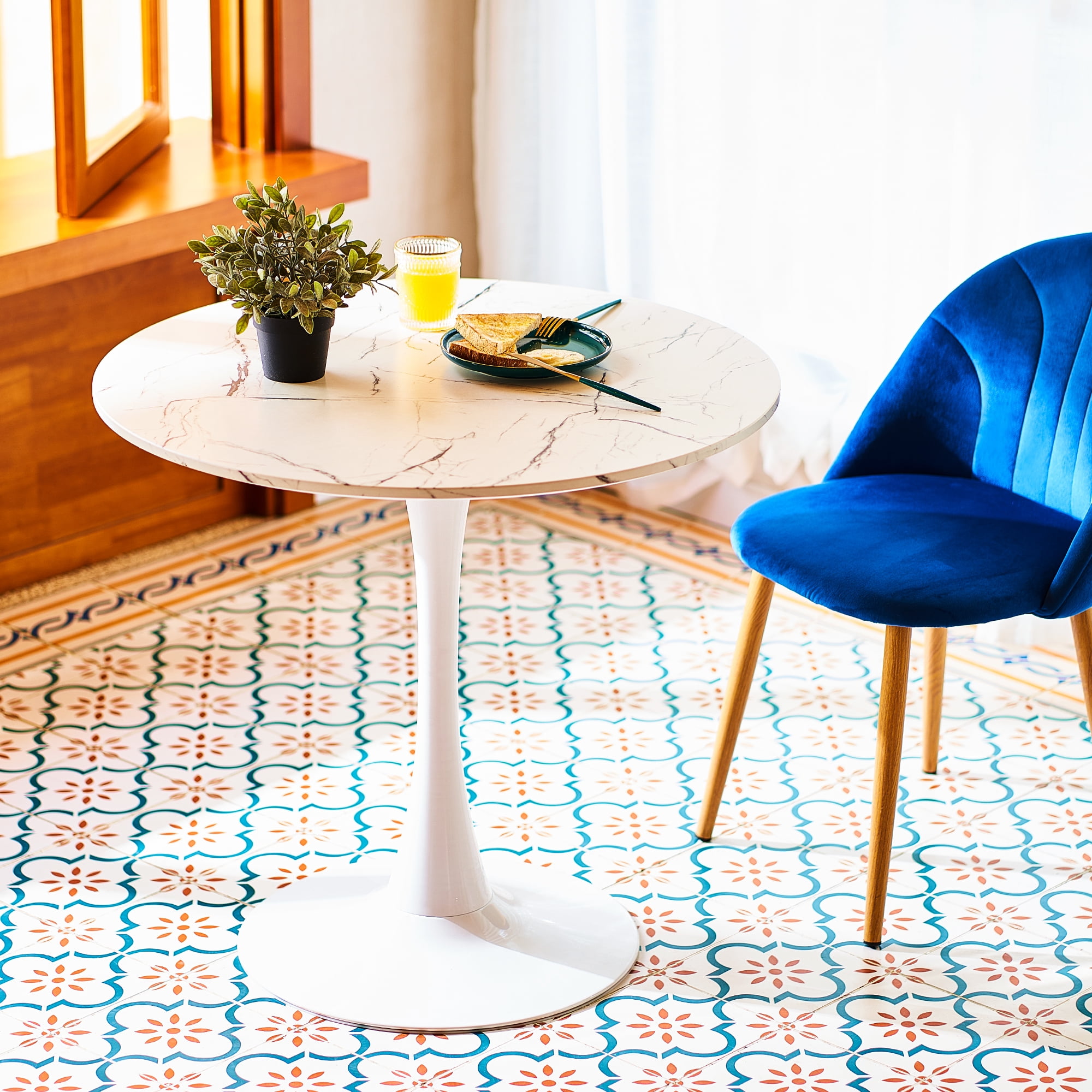 Bestco 32 Inch Round Kitchen & Dining Room Table w Marble Desktop Tulip Pedestal, White - Image 7