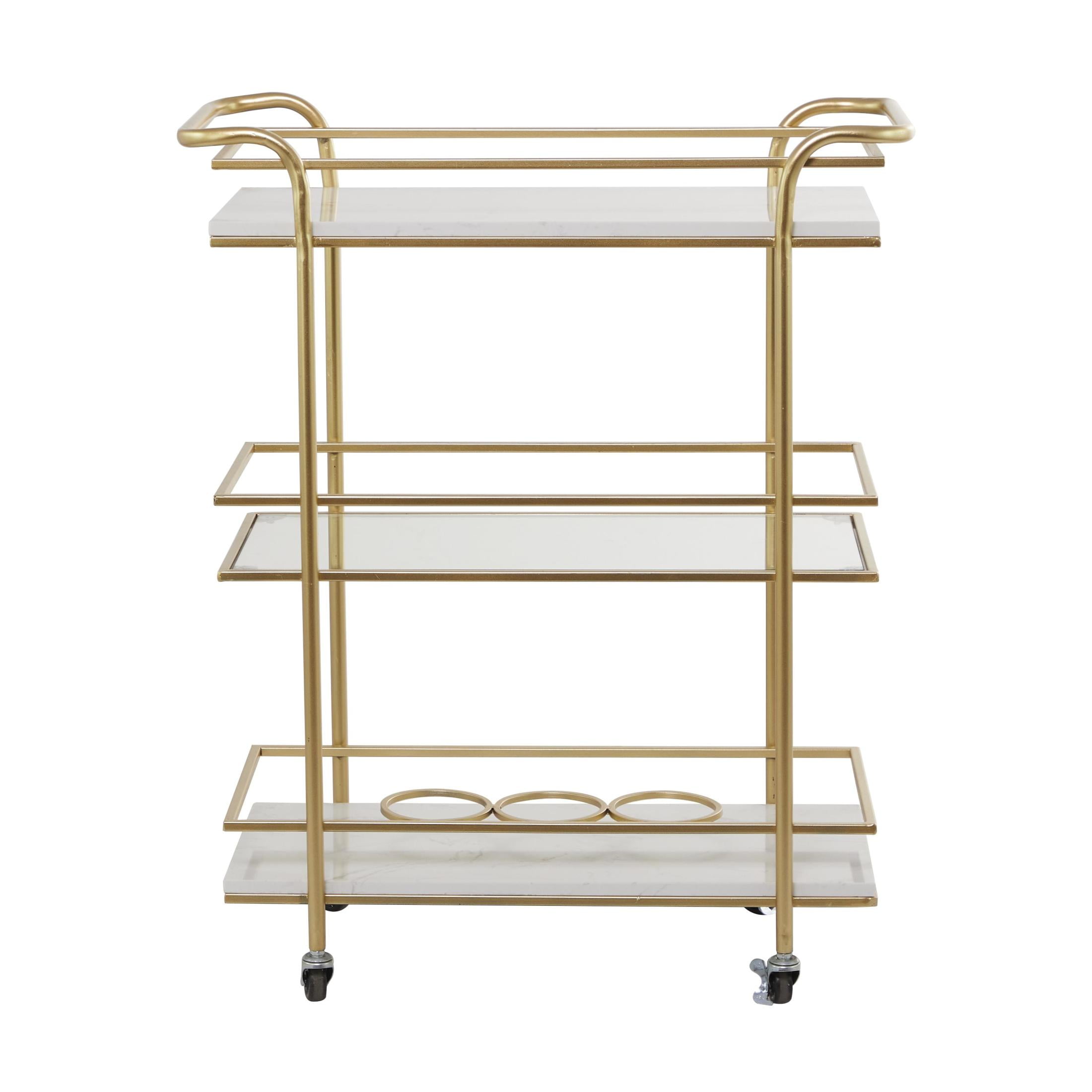 DecMode 27" x 33" Gold Marble Rolling 2 Shelf Bar Cart with Handles, 1-Piece - Image 12