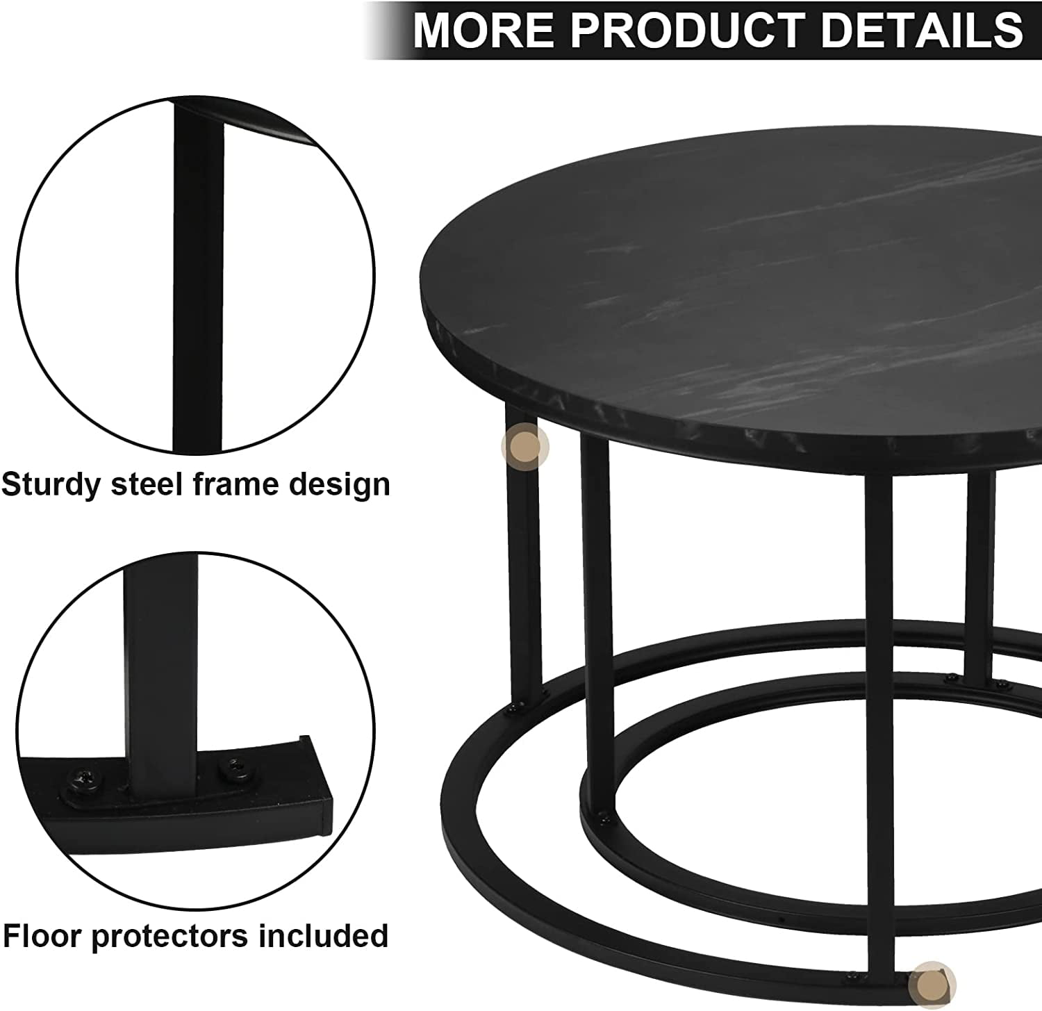 BIGTREE Modern Round Nesting Coffee Table Set 2 Pieces Solid Metal Frame for Home, Black - Image 7