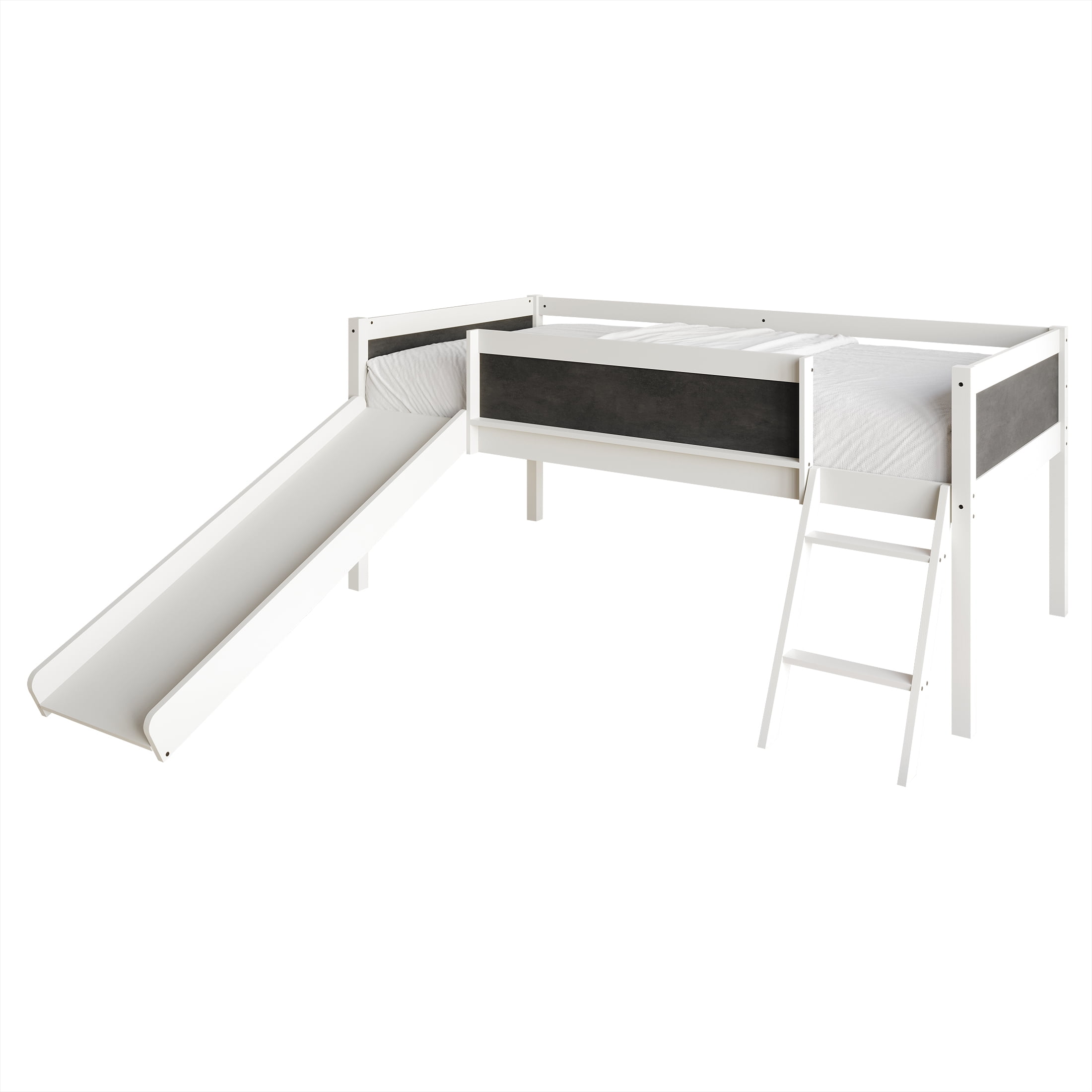 Castle Place Wooden Twin Junior Loft Bed with Chalkboard and Slide, White - Image 2