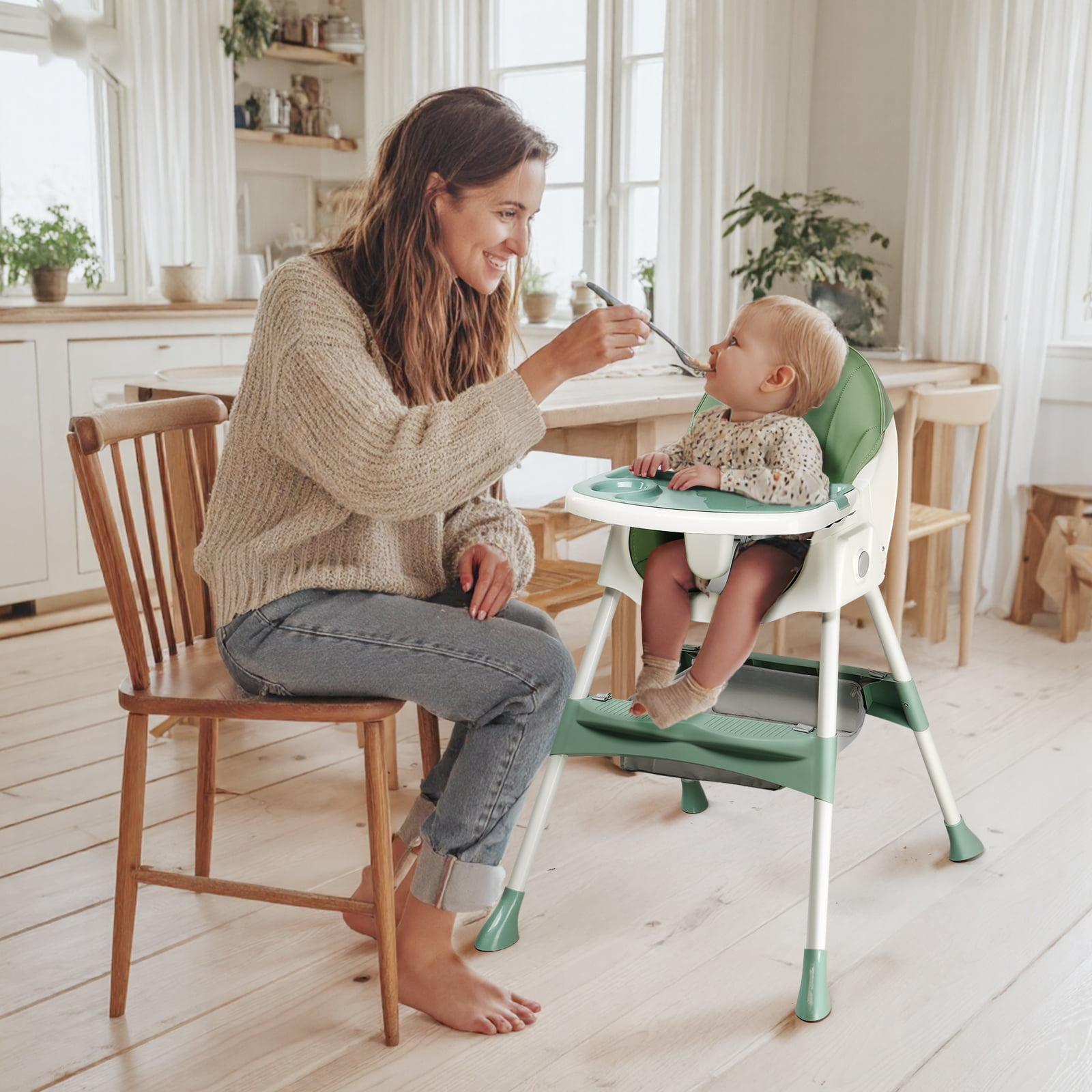 Ktaxon Baby High Chair, Convertible 6 in 1 High Chairs for Babies and Toddlers, Foldable Baby Highchair with 5-Point Safety Harness, Adjustable Dining Tray, Backrest & Height, Green - Image 4