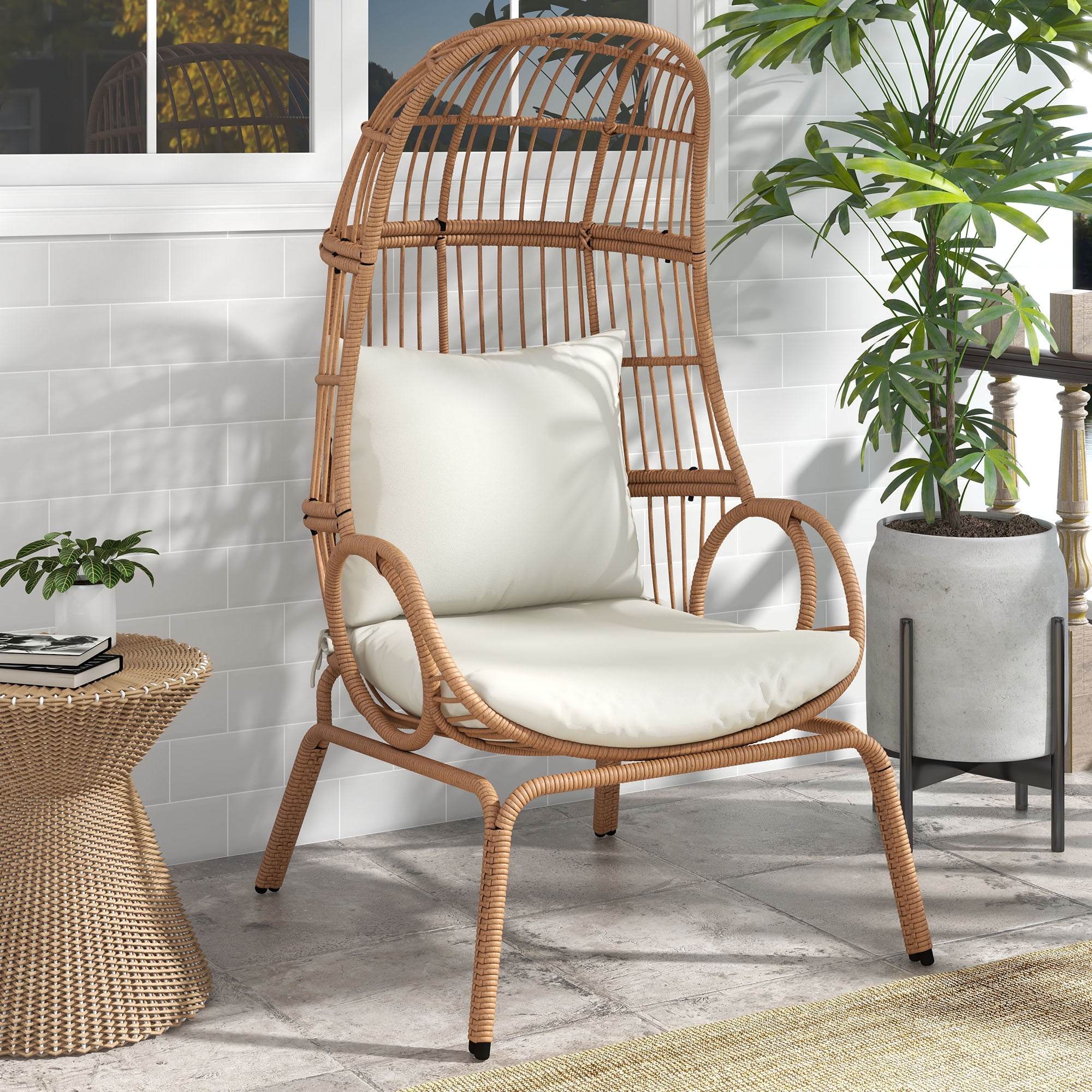 DEXTRUS Wicker Egg Chair with Cushions, Indoor Outdoor Patio Lounge Chair for Garden, Balcony, Beige - Image 7