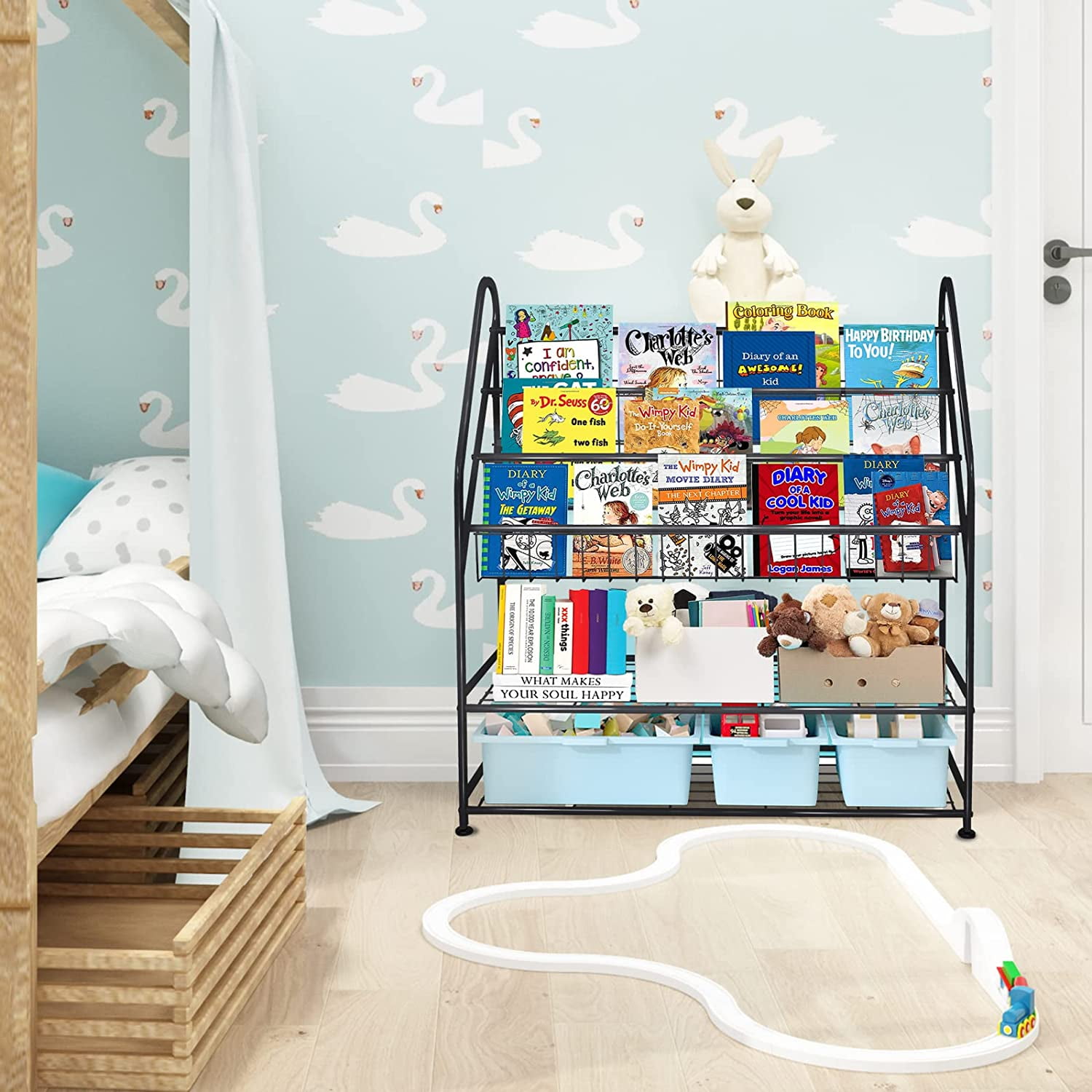 aboxoo Metal Kids Black Bookshelf LargeFreestanding for Children Room 32 in Toys Organizer Large Stable Bookcase Bookstore Library Book Unit Storage Kids Bed Living Room - Image 3