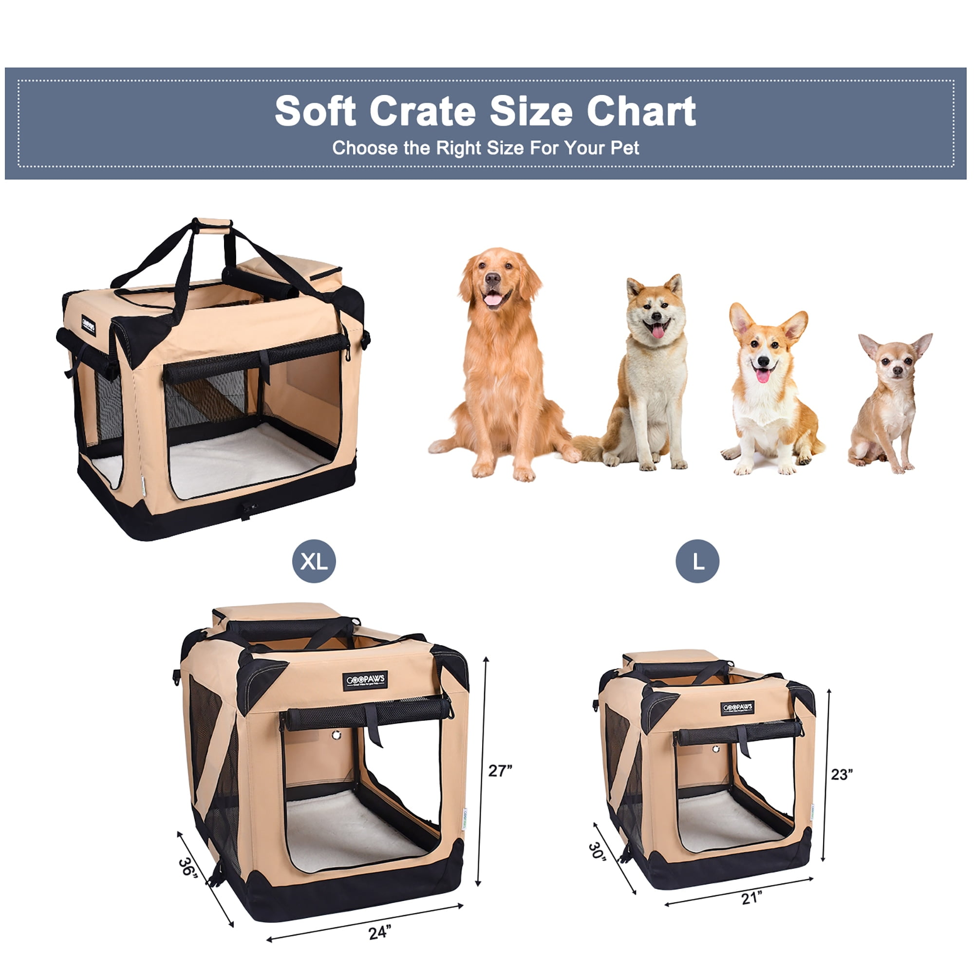 JESPET: 36" Soft Pet Crate - Beige - Dogs & Cats Up to 70 lbs, 3 Door Folding Kennel, Indoor Outdoor Travel Carrier, Mesh Windows, Fleece Mat, GooPaws - Image 5