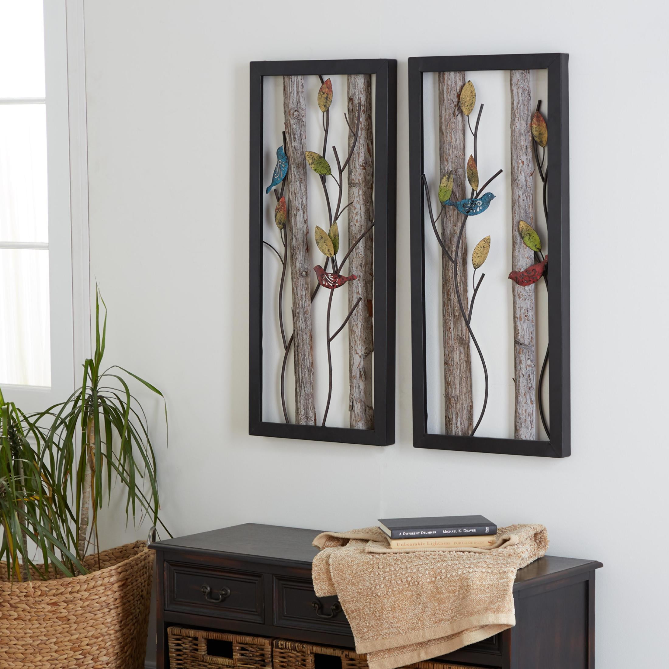 DecMode Black Metal Bird Wall Decor with Tree Branches and Colorful Leaves (2 Count) - Image 2