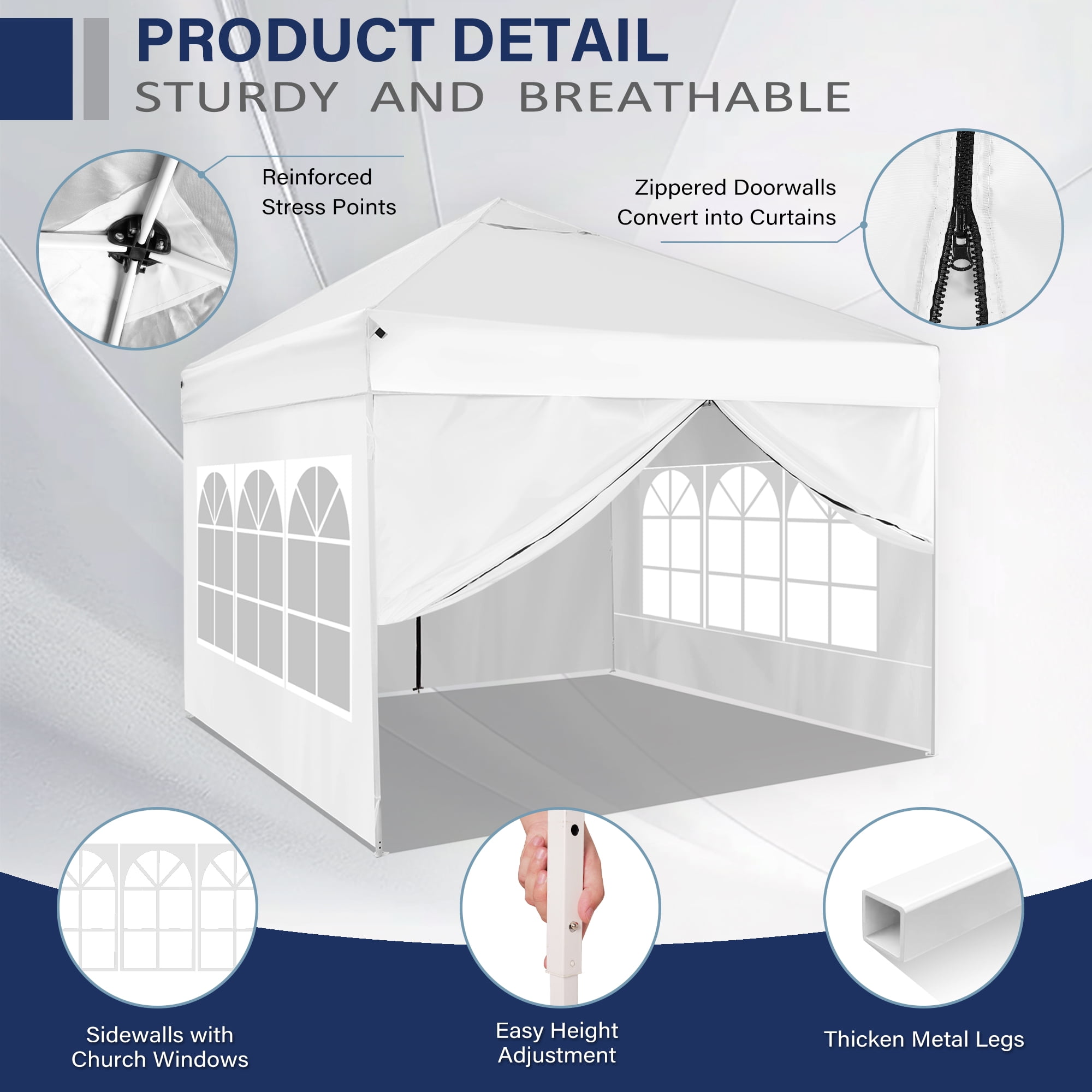 VentuLodge 10' x 10' Pop up Canopy Tent with Sidewalls, Windows, 4 Weight Bags, 8 Stakes, 4 Ropes, Wheeled Bag - White - Image 5