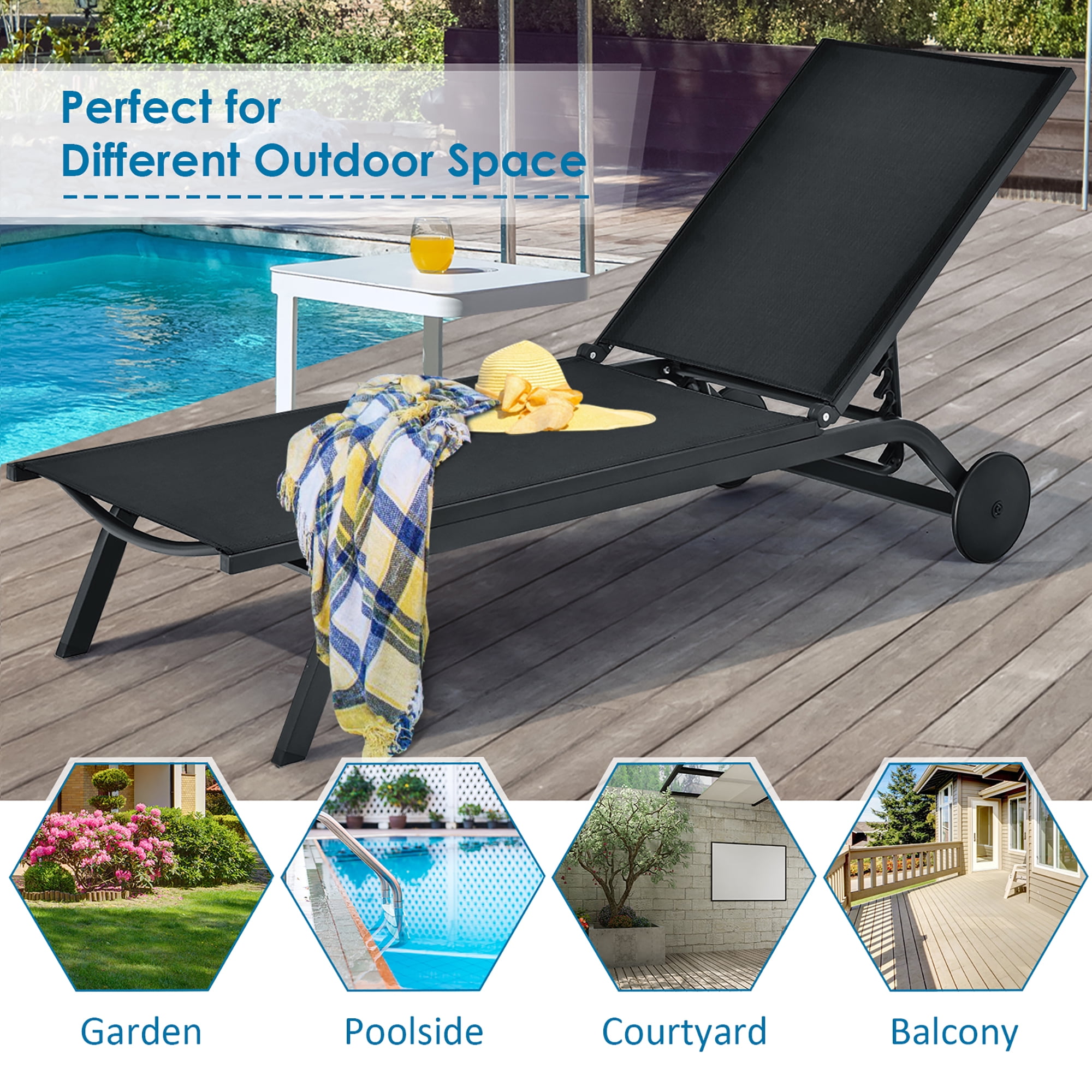 Costway Outdoor Lounge Chair Chaise Reclining Aluminum Fabric Adjustable Black - Image 6