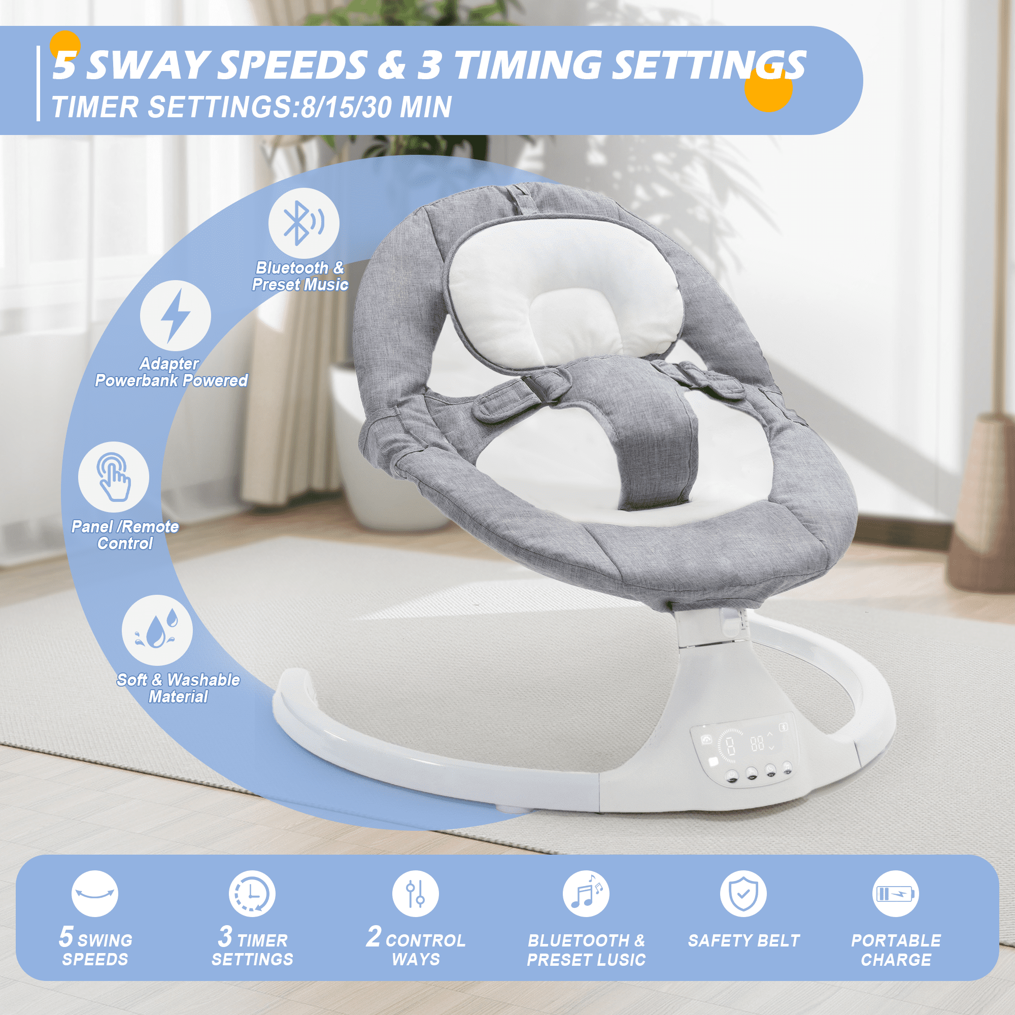 Baby Swing for Infants, Bluetooth Swing Electirc Baby Rocker Bouncer, Auto Swing with 5 Speed, Gray - Image 4