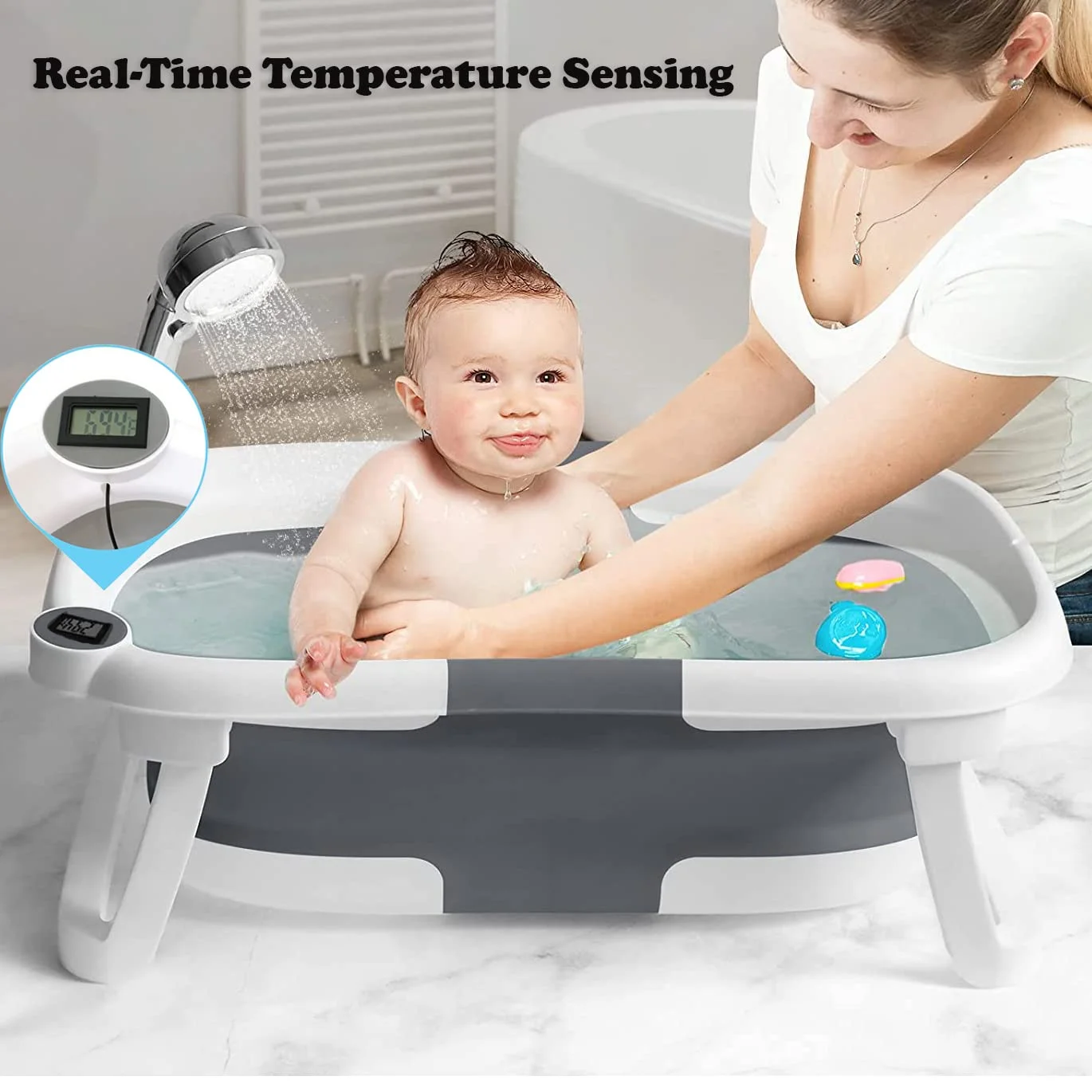 TOPCHANCES Collapsible Baby Bathtub with Thermometer, Newborn Baby Shower Tub with Baby Tub Cushion & Bath Net, Portable Baby Folding Bathtub for 0-12 Month Newborn, Grey - Image 8