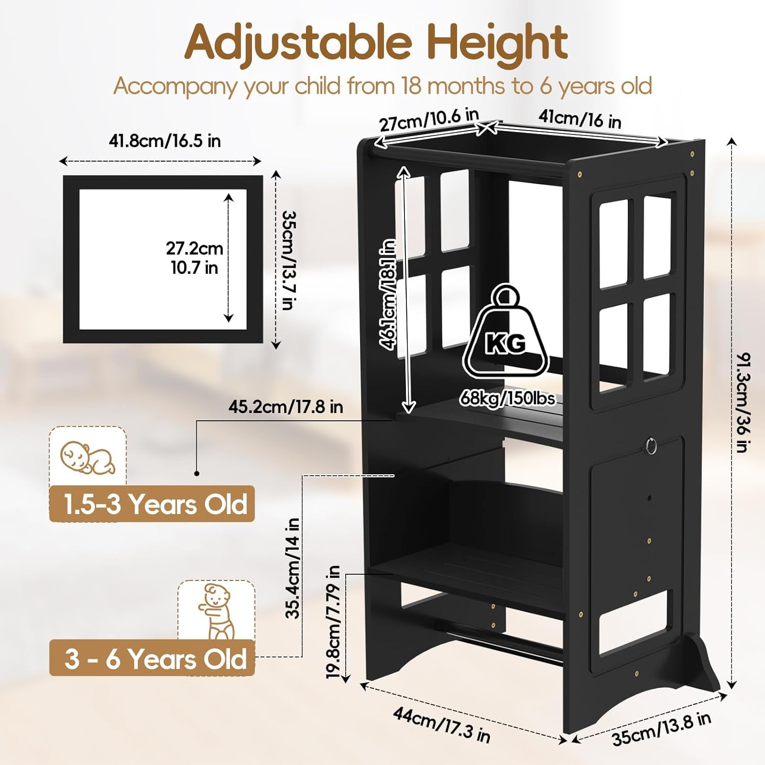 RETON Kitchen Step Stool with Non-Slip Mat, Whiteboard and Safety Rail,4 in 1 Wooden Toddler Standing Tower for Counter Bathroom Sink (Black) - Image 3
