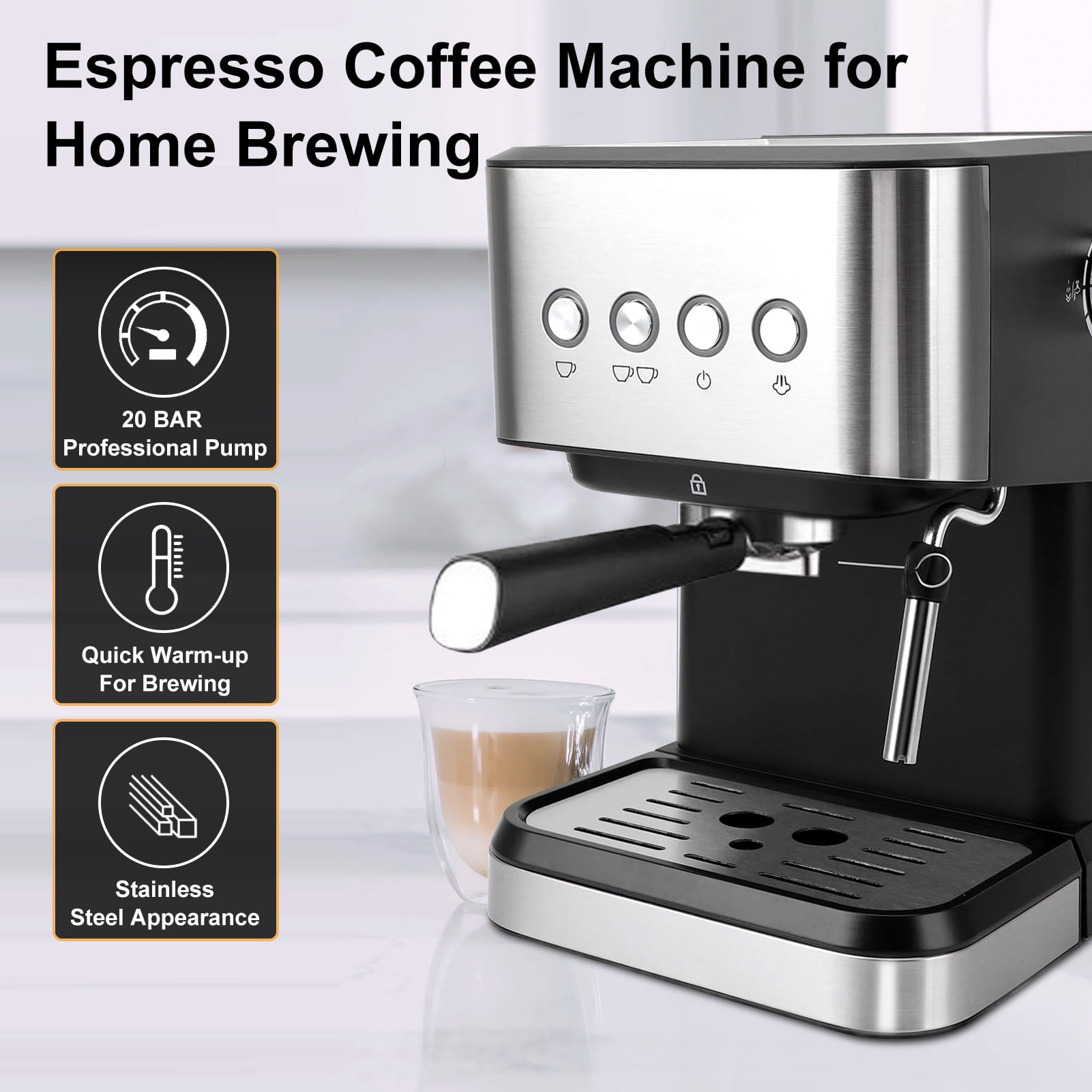 Fyydes Espresso Machine 20 Bar, 1.5L Water Tank with Milk Frother Steam, Stainless Steel Coffee Maker for Espresso, Latte, Mocha, Americano, 1050W, Silver - Image 5